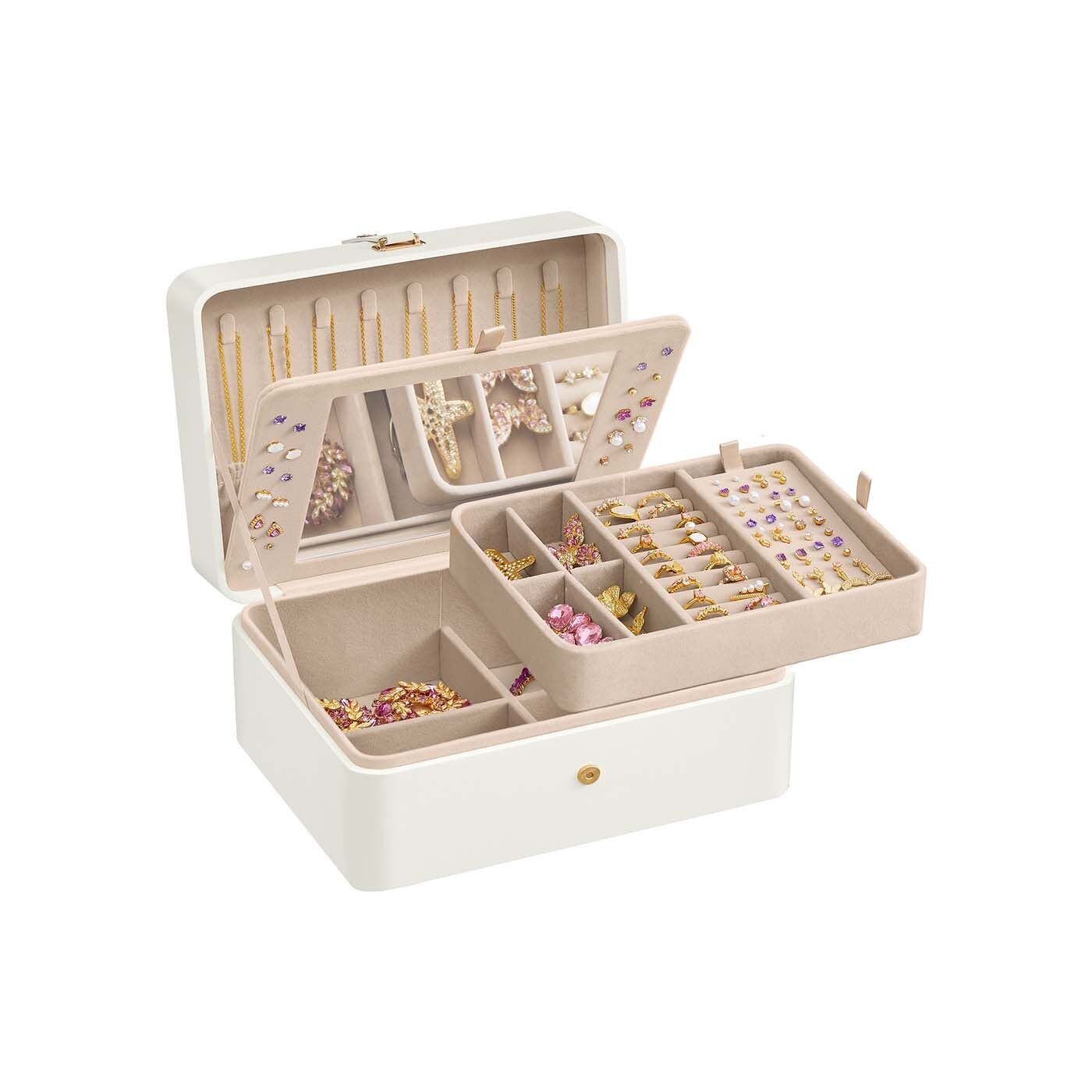 Portagioie a doppio strato con specchio e vassoio flessibile, bianco - 17,6 x 22 x 11 cm