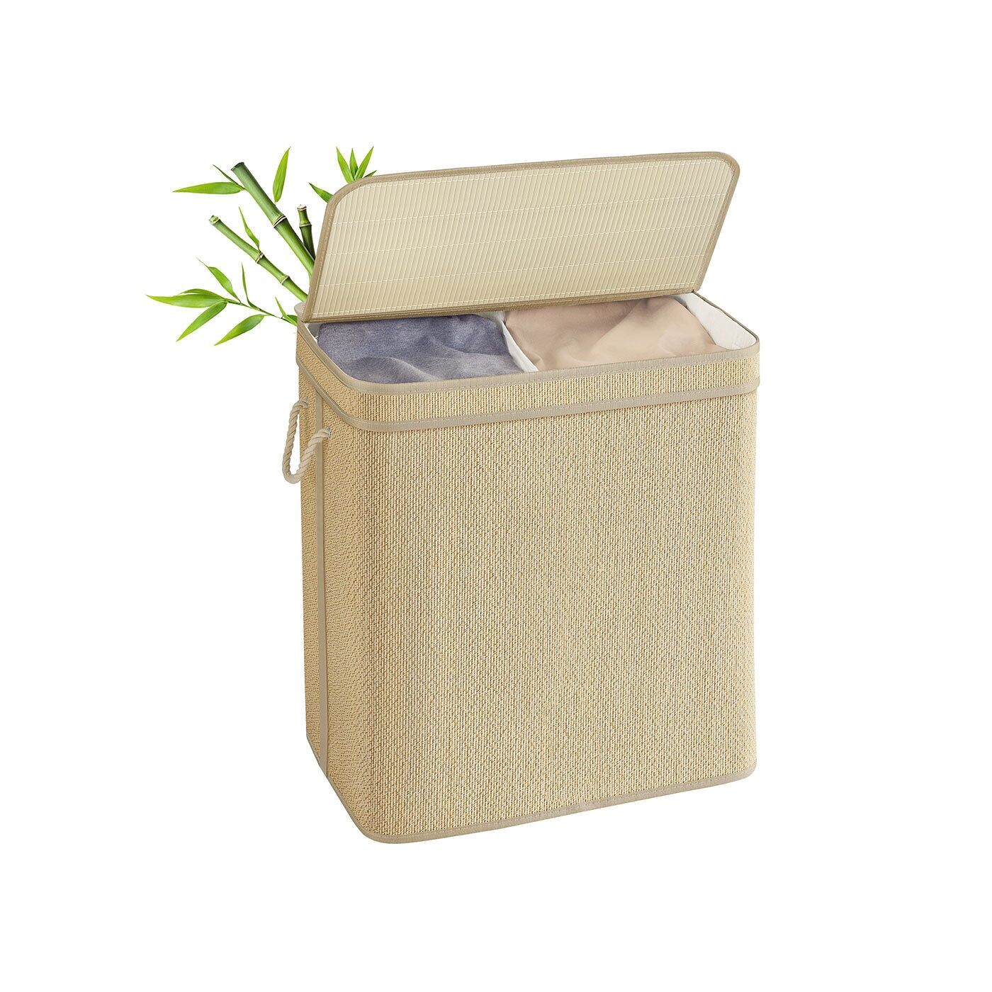 Cesto portabiancheria in bambù da 130 litri con 2 scomparti e coperchio in colore naturale - 67 x 44 x 61 cm