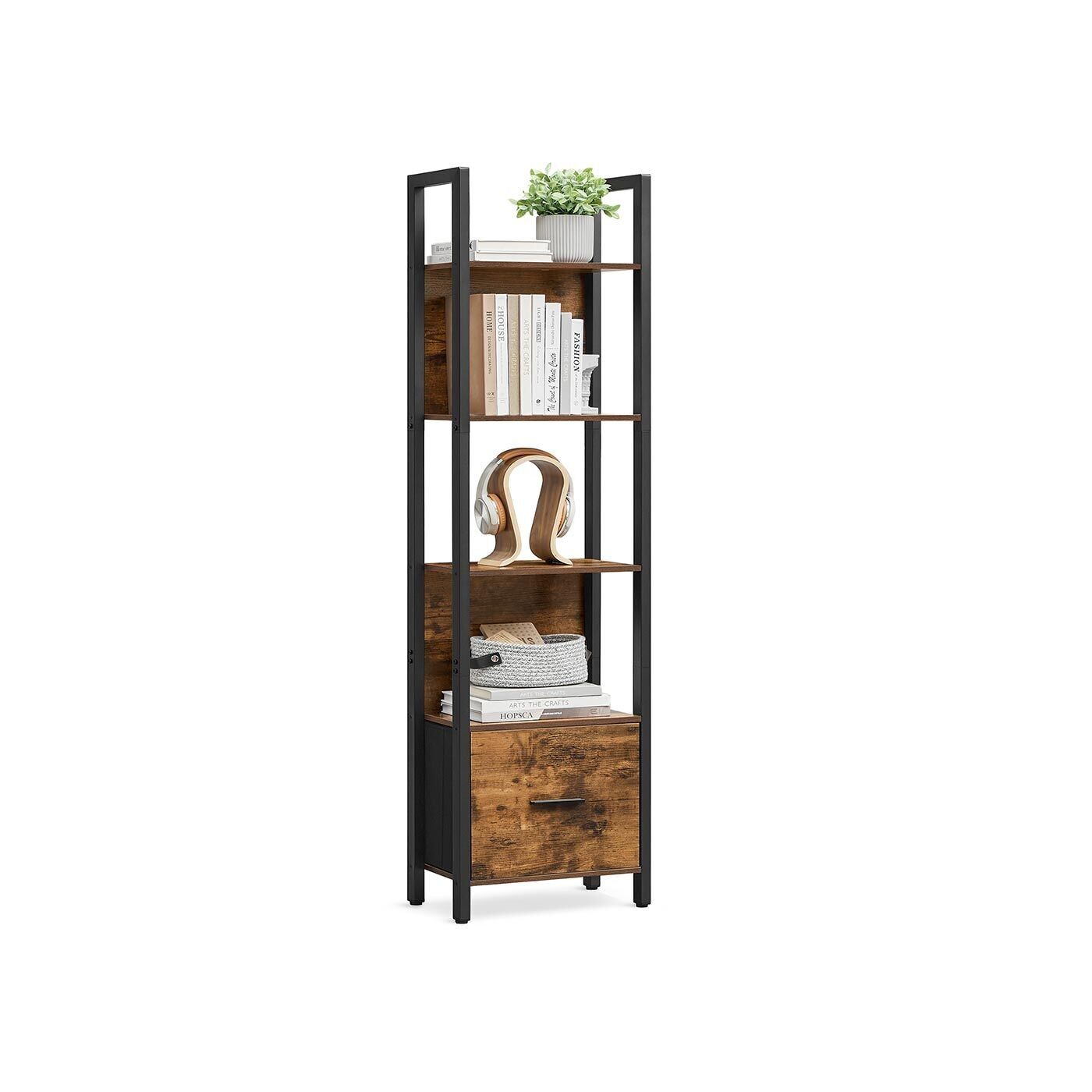 Industrial-style bookshelf with drawer and steel frame - 24 x 40 x 165 cm