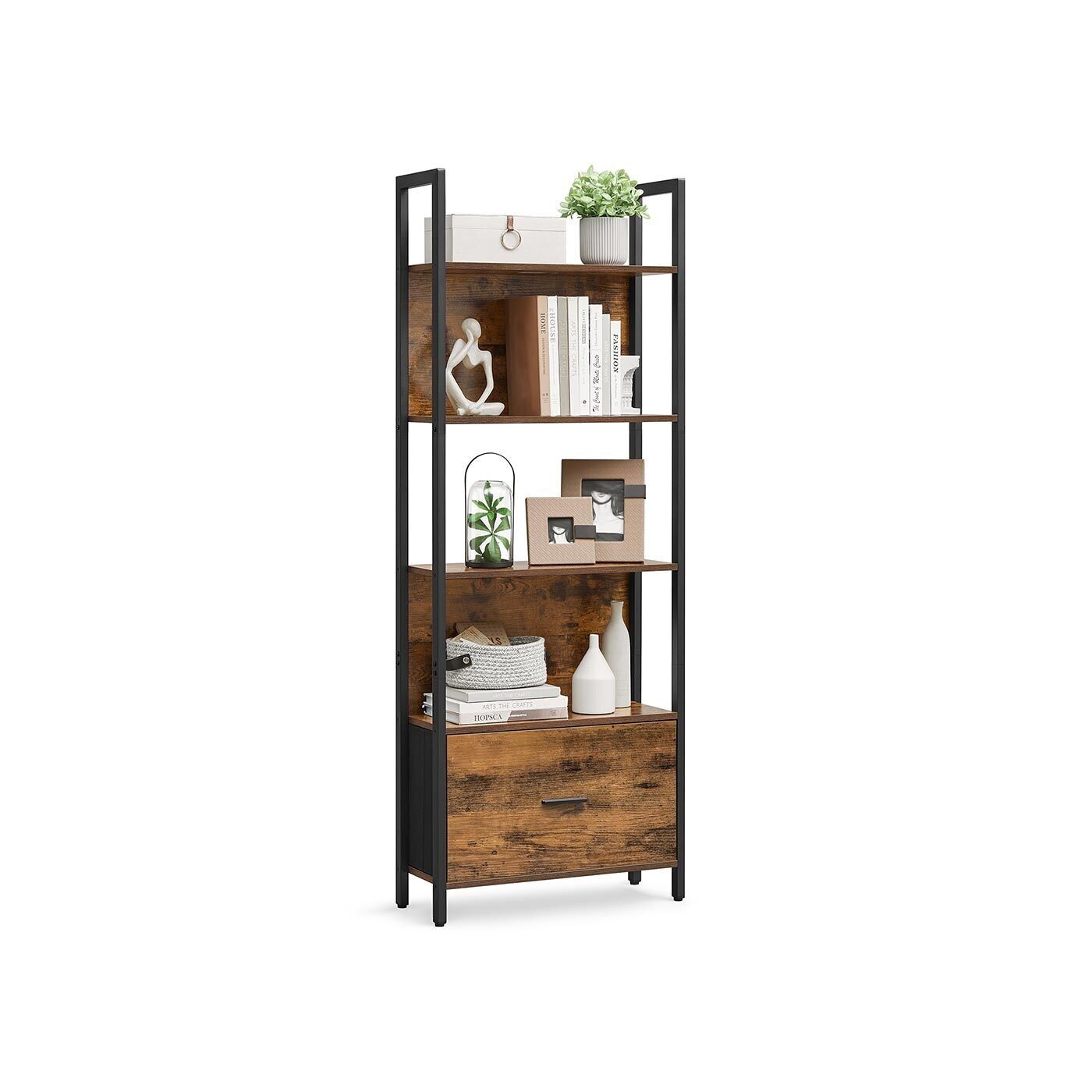 Bookshelf with drawer and steel frame in industrial design – 24 x 40 x 165 cm 1 pc.
