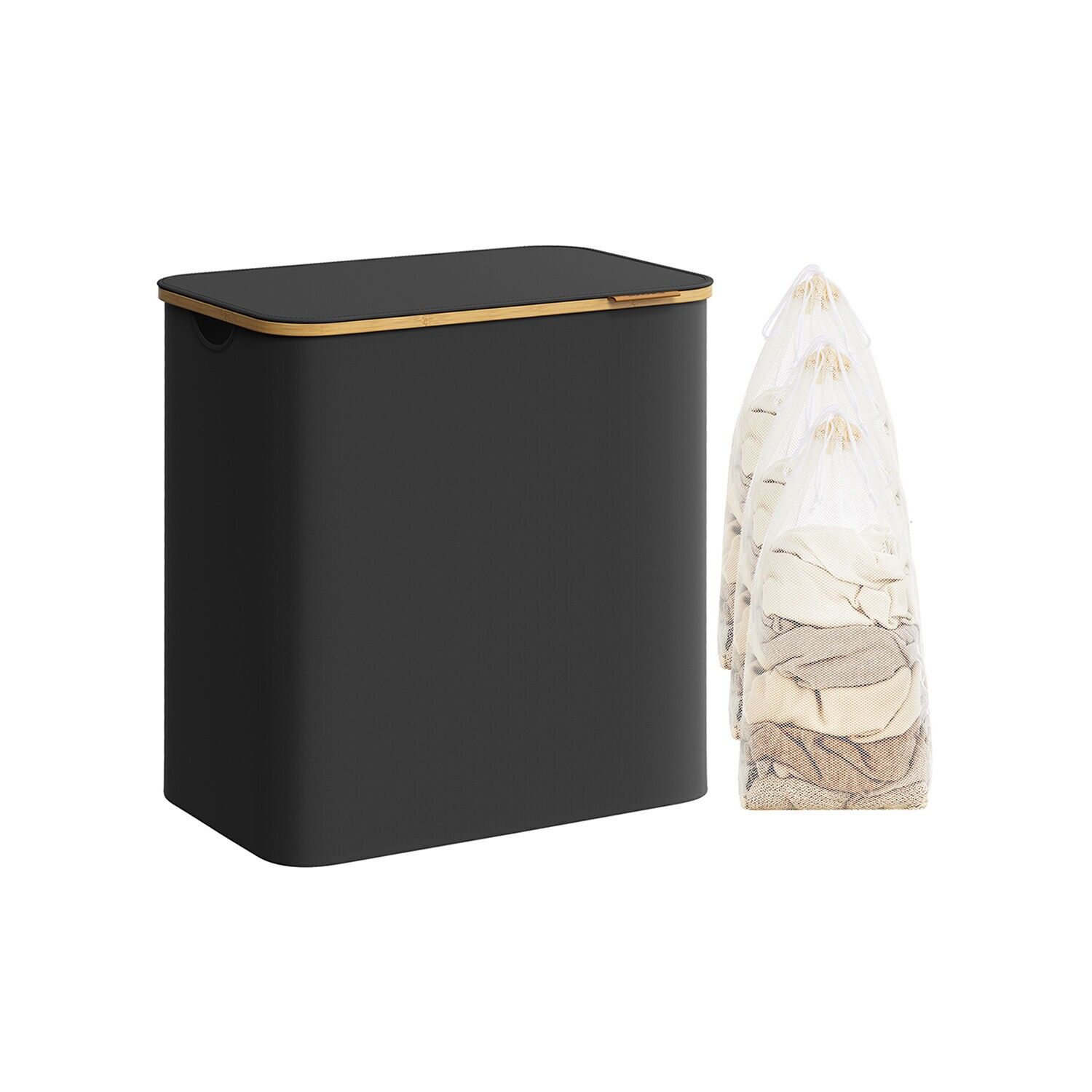 Cesto portabiancheria con 3 scomparti e manici in bambù-nero - 60 x 38,5 x 70,5 cm