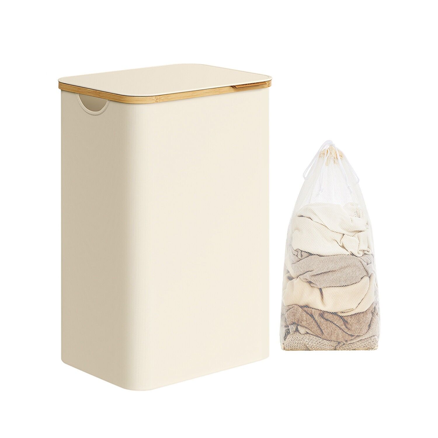 Cesto portabiancheria da 90 litri con sacco portabiancheria rimovibile, bianco crema – 42 x 32 x 70,5 cm