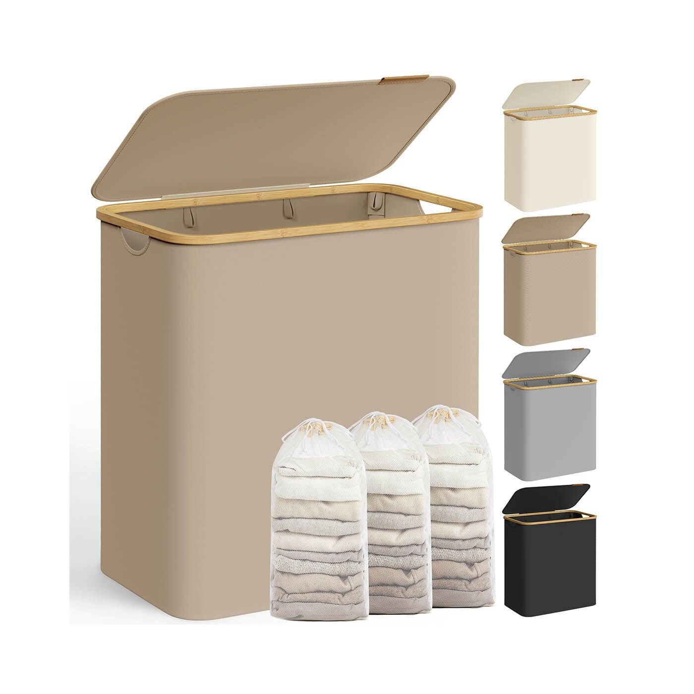 Cesto portabiancheria 150 L con coperchio e 3 ripiani 60 x 38,5 x 70,5 cm marrone cammello