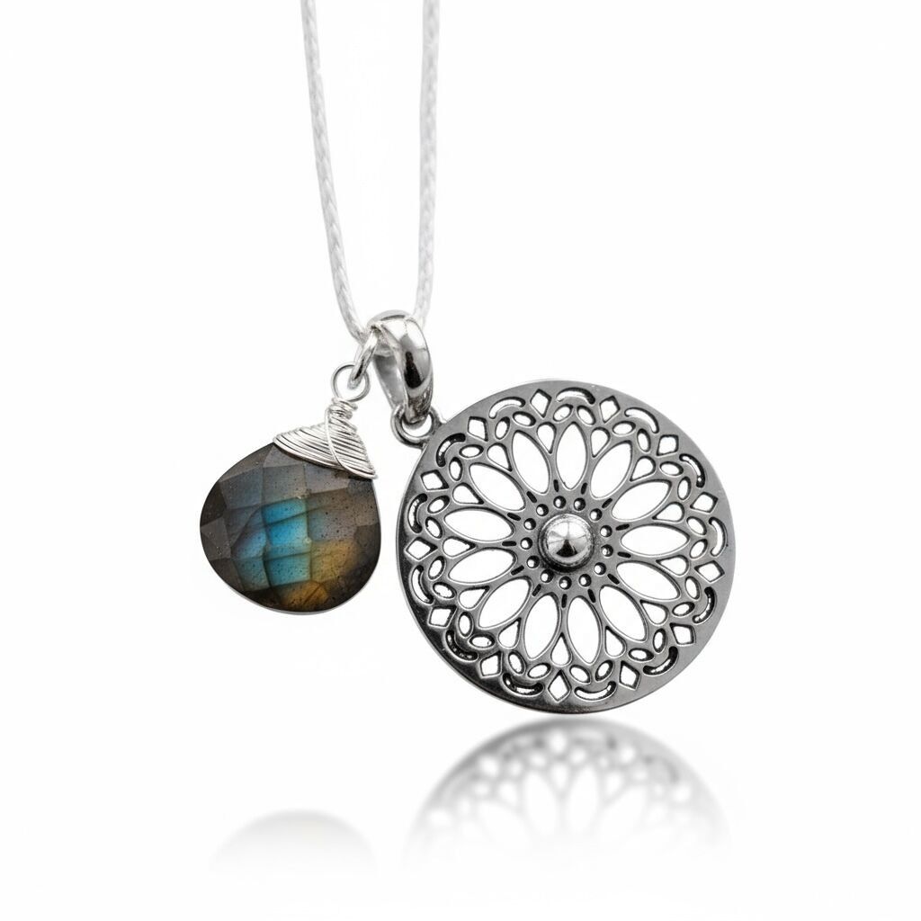 Set di gioielli con mandala in labradorite - Collana da meditazione in argento sterling 925 - K925-118