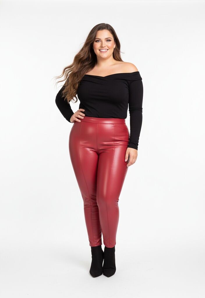 Legging grande taille en similicuir rouge coupe slim (B306)