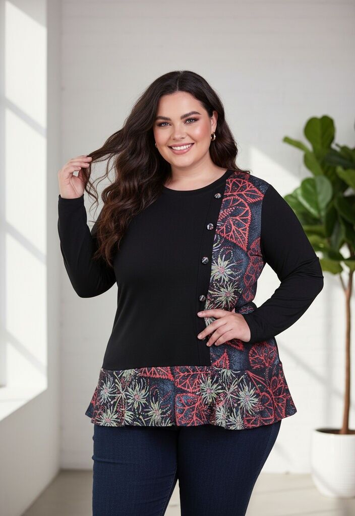 Tunique grande taille semi imprimé avec boutons assortis (C6242)