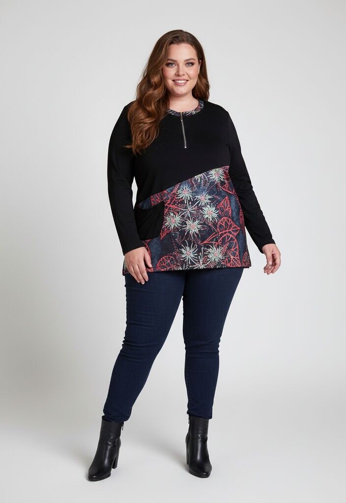 Tunique grande taille semi imprimé col zippé (C6243)