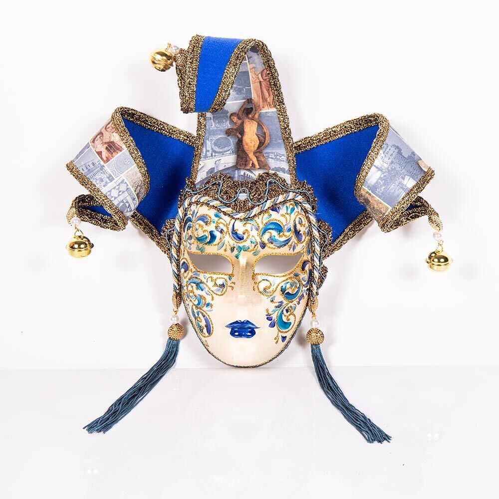 Maschera Tre Ricci Carte e Velluto - Blau und Gold