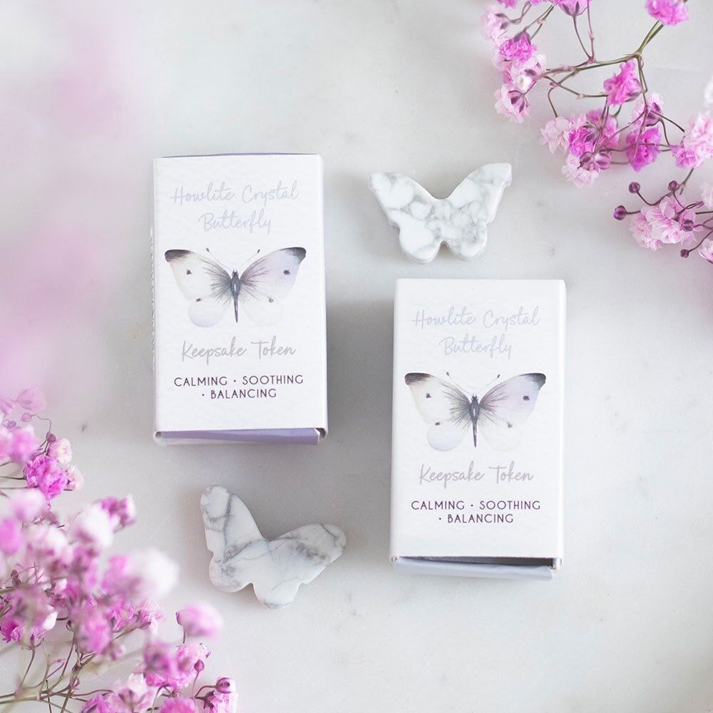 Set of 24 Howlite Butterfly Keepsake Tokens in Display