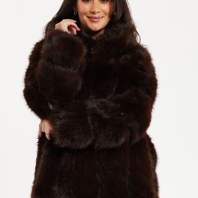 Veste femme en marron chocolat de luxe avec capuche, manches longues, motif uni, fausse fourrure par Liquorish