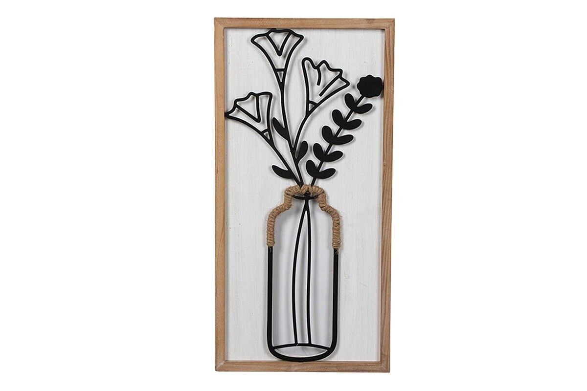 DM1012 - DECORAZIONE DA PARETE CON CORNICE IN LEGNO E VASO IN METALLO/IUTA - BELLE ARTI