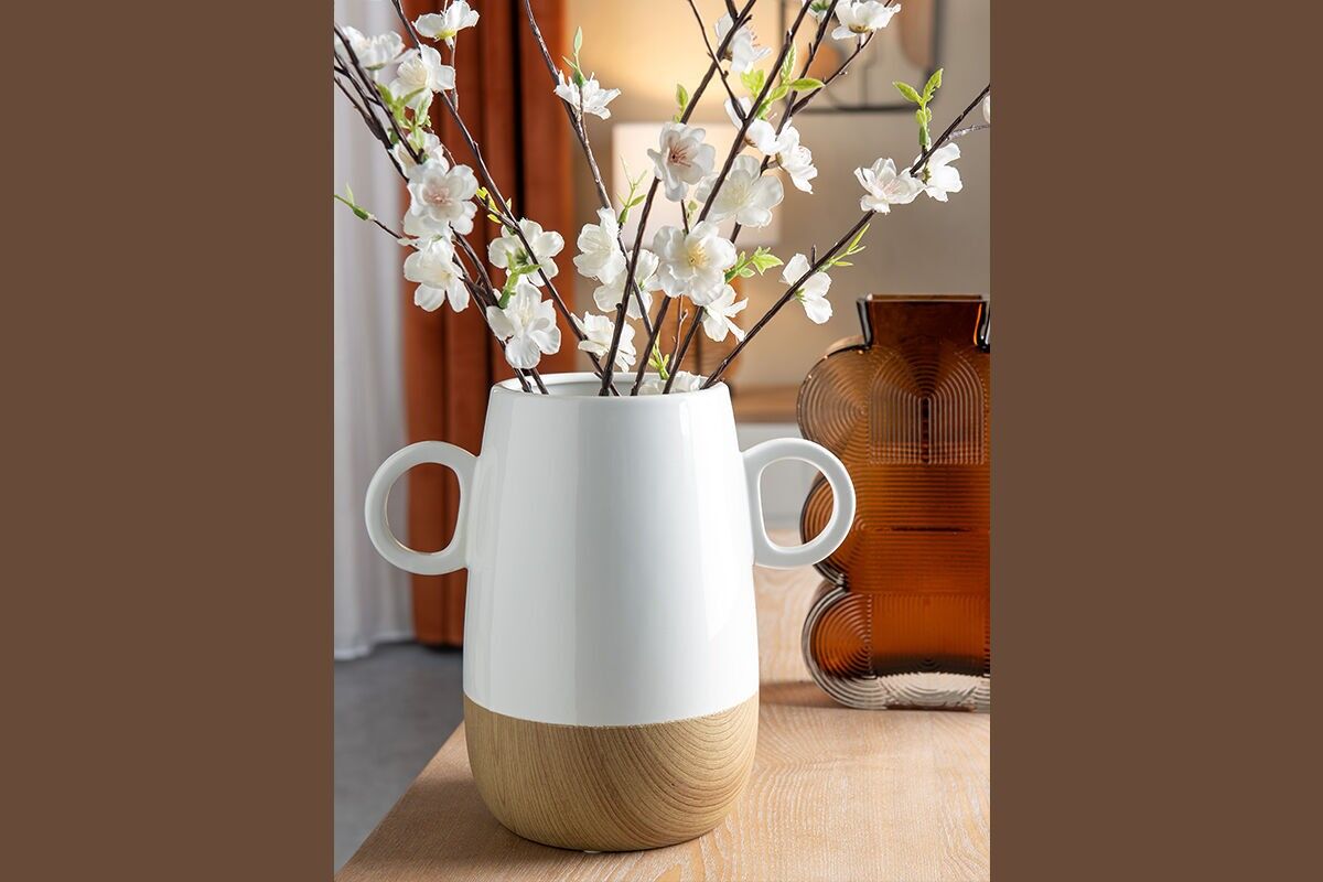 VASE EN CERAMIQUE POIGNEES IMITATION BOIS ET BLANC - BOHO