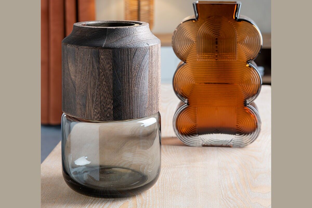 VASO CILINDRICO IN VETRO E LEGNO - BOHO
