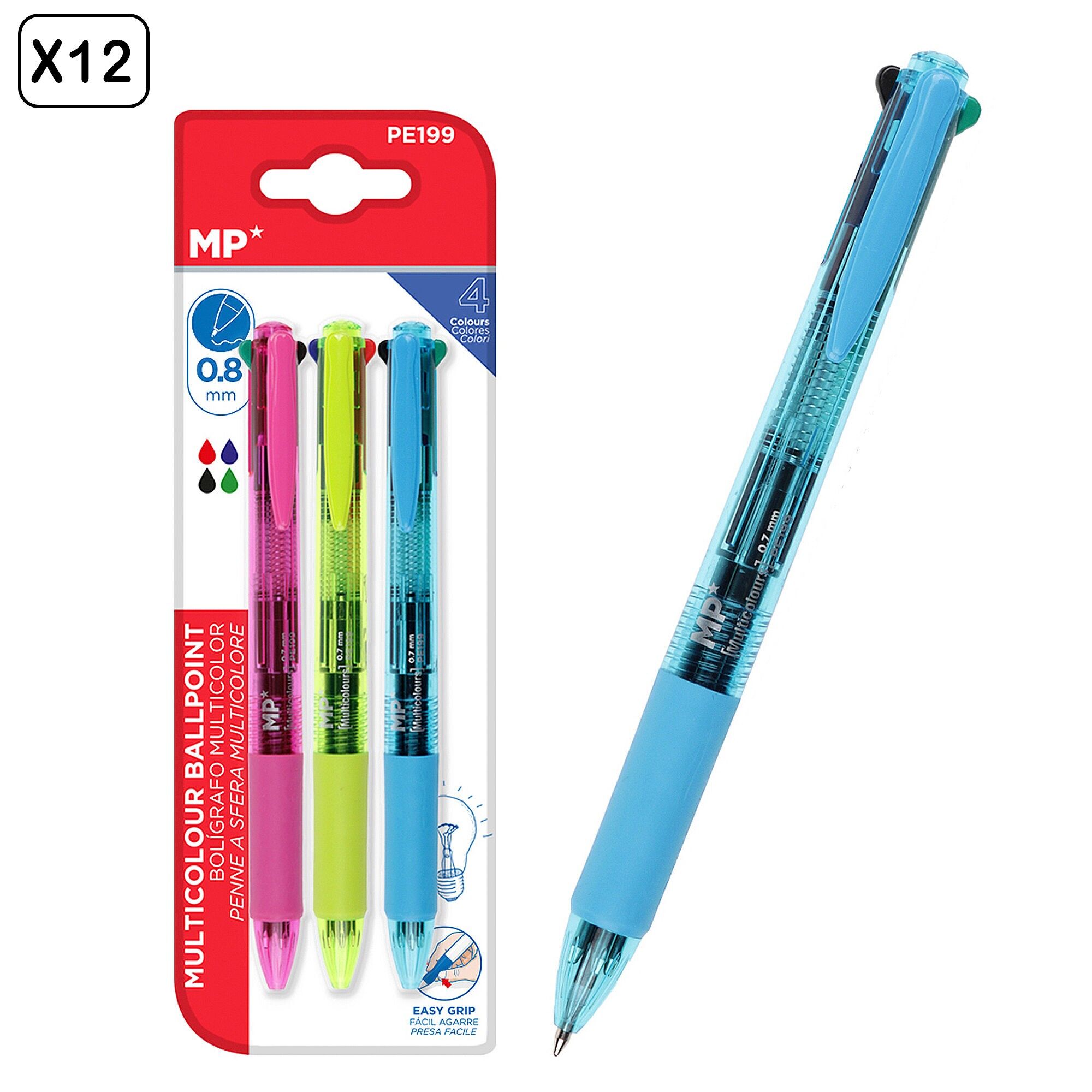 12 PACKS STYLOS À BILLE 4 COULEURS 3 PCS. Couleur : Multicolore