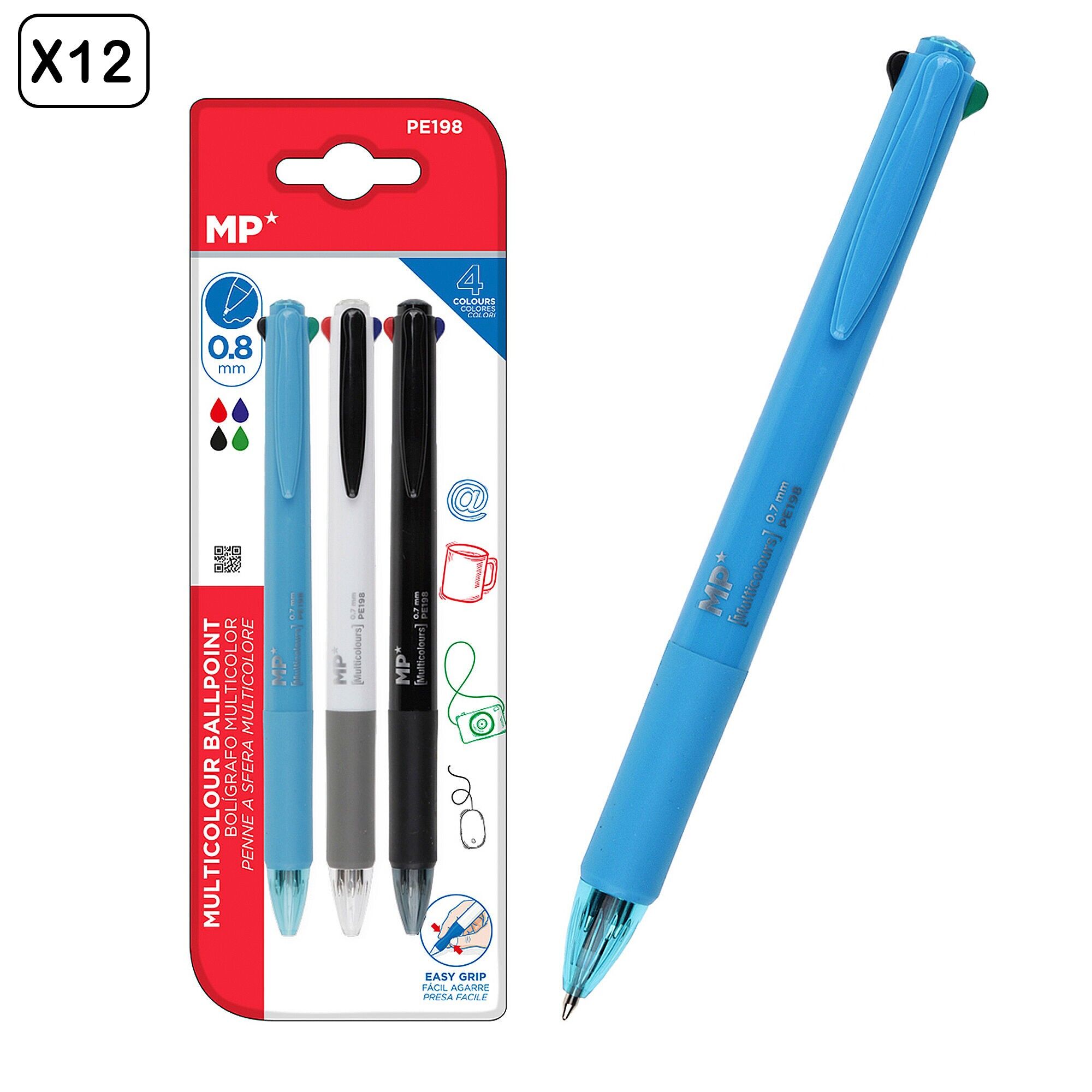 12 PACKS STYLOS À BILLE 4 COULEURS 3 PCS. Corps bleu, noir et blanc. Couleur : Multicolore