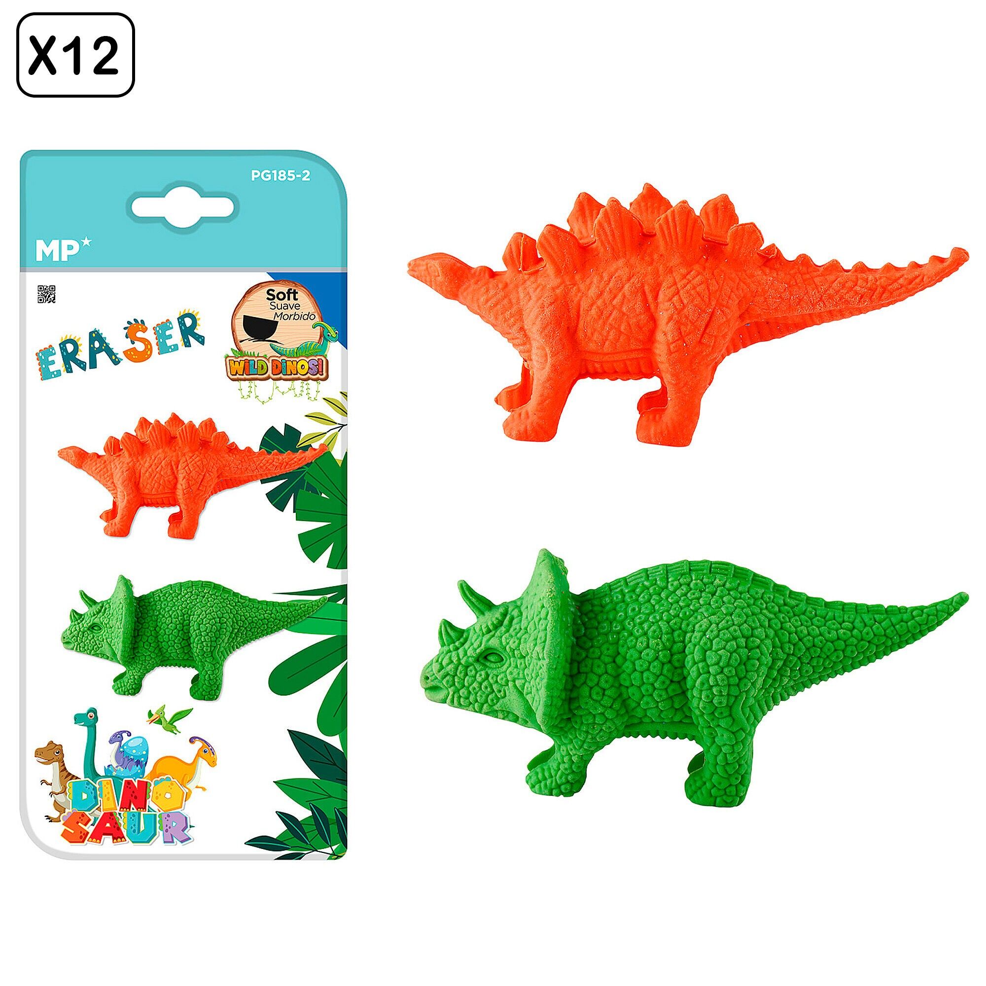 12 PAQUETS DE GOMMES DE COULEUR DINOSAURES 2 PIÈCES. STÉGOSAURE ET TRICERATOPS. Couleur : Multicolore