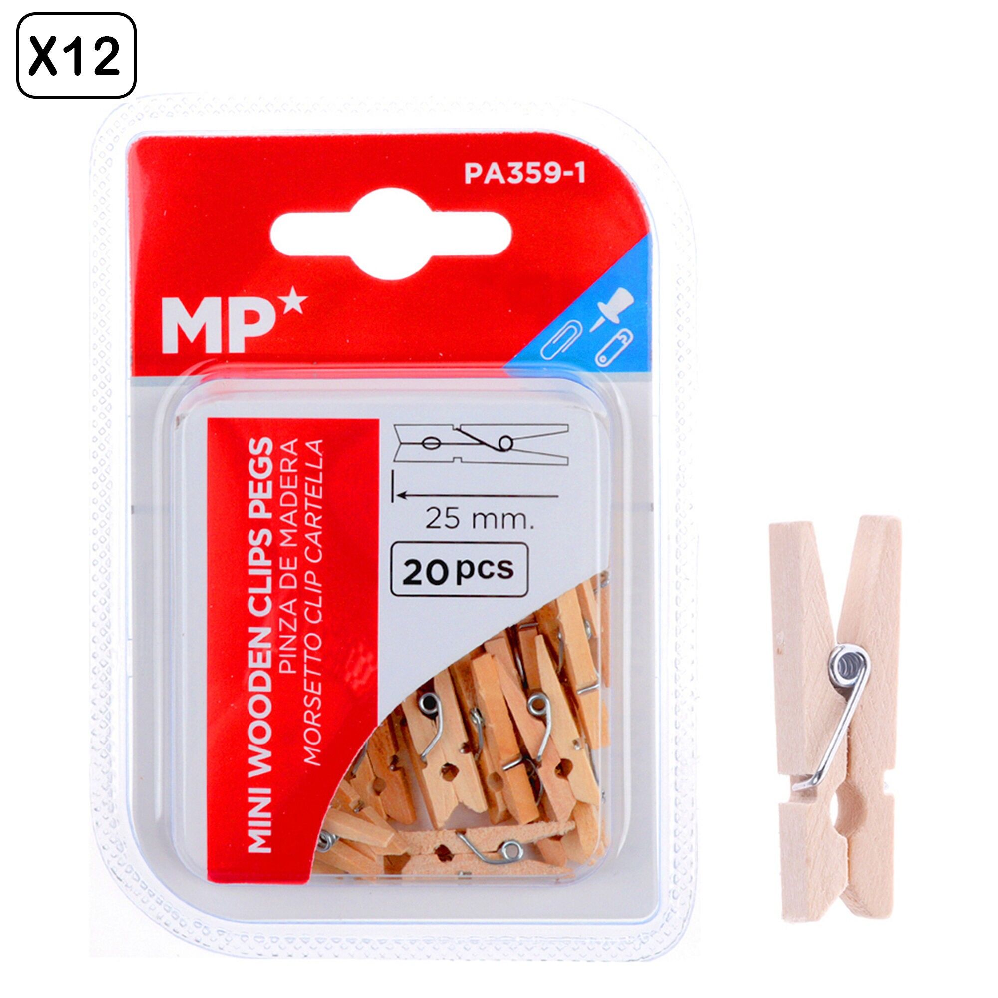12 paquets de PINCES EN BOIS 25 mm 20 pièces.Couleur : Bois