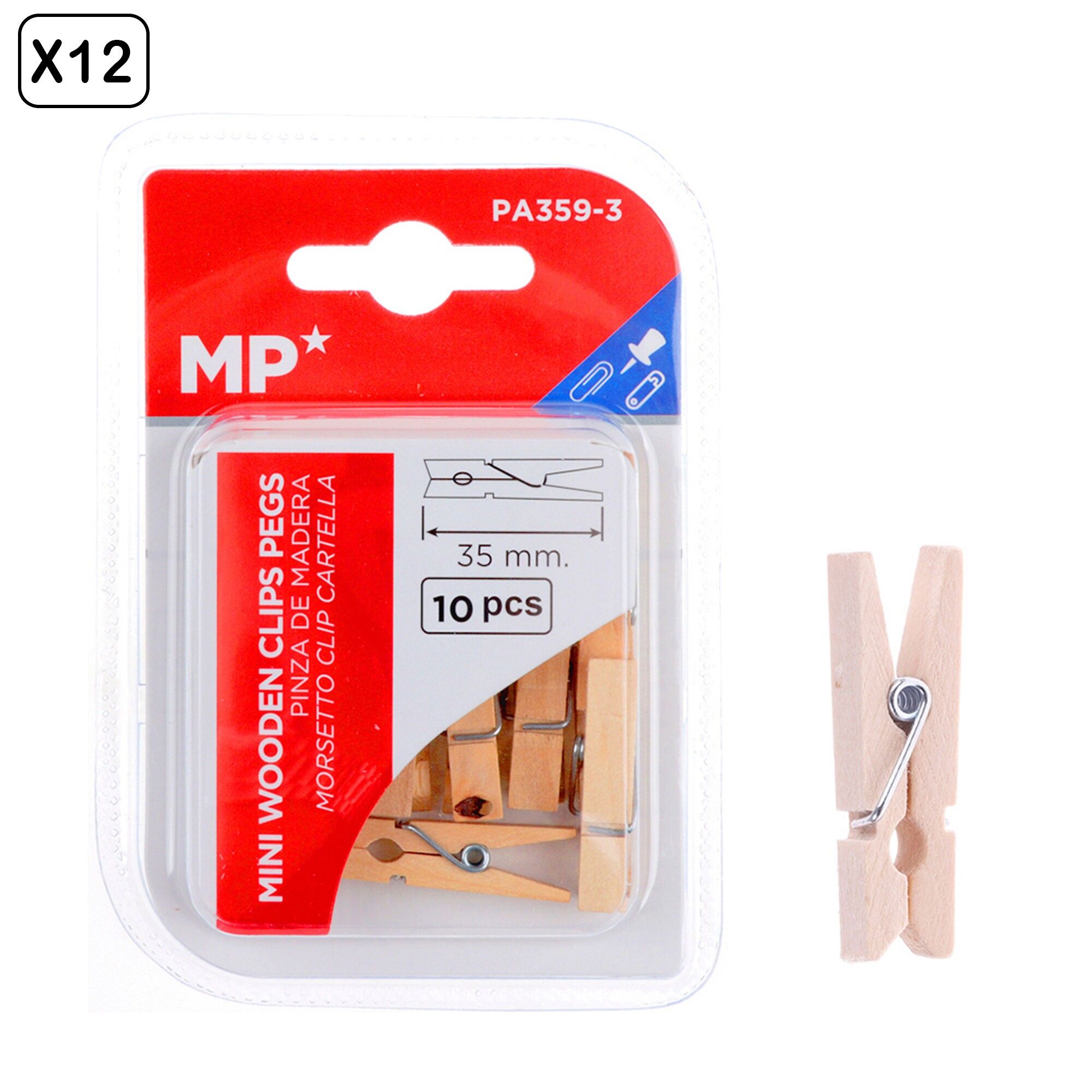 12 packs of 35 mm WOODEN CLIPS, 10 units.Color: Wood