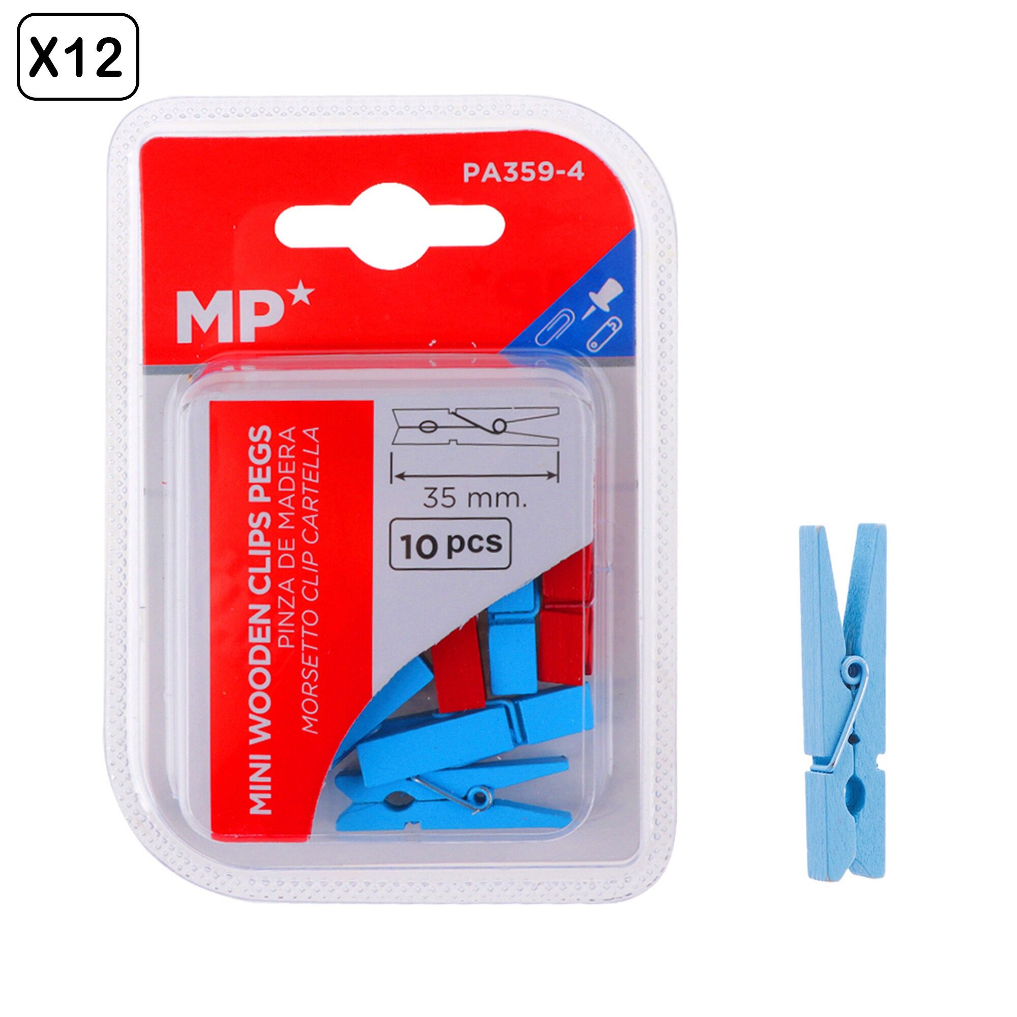 12 packs of 35 mm colored wooden clips, 10 units.Color:Random