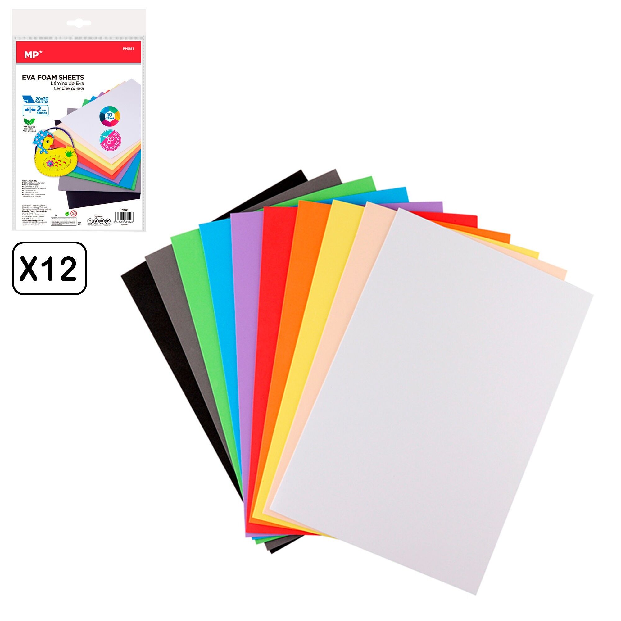 12 paquets de mousse EVA en couleurs, 10 unités.20 x 30 cm Couleur : Aléatoire