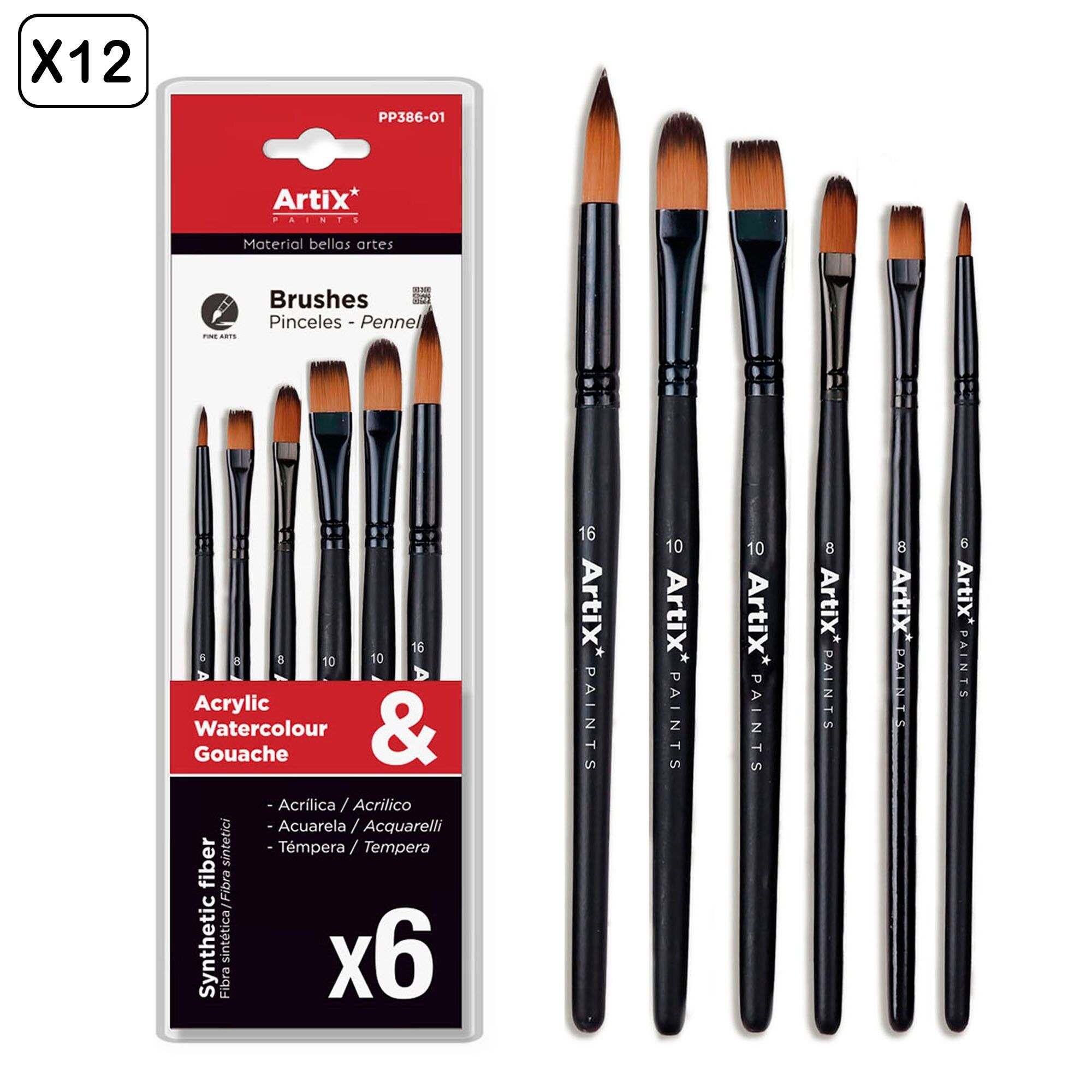 12 packs PROFESSIONAL SHORT SYNTHETIC BRUSH 4 pcs. No. 16, 10, 10, 8, 8 and 6.Color: Black