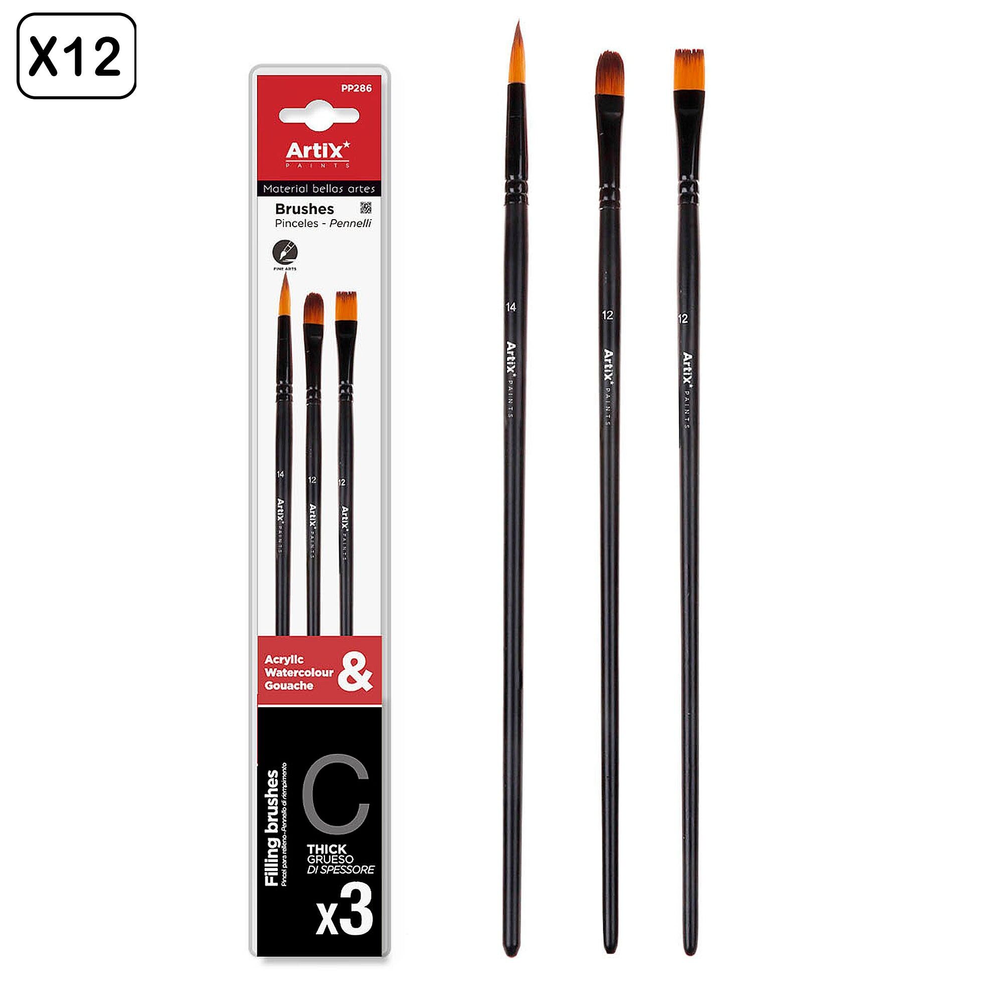 12 packs PROFESSIONAL BRUSH 3 Units. No. 14, 12 and 12.Color: Black