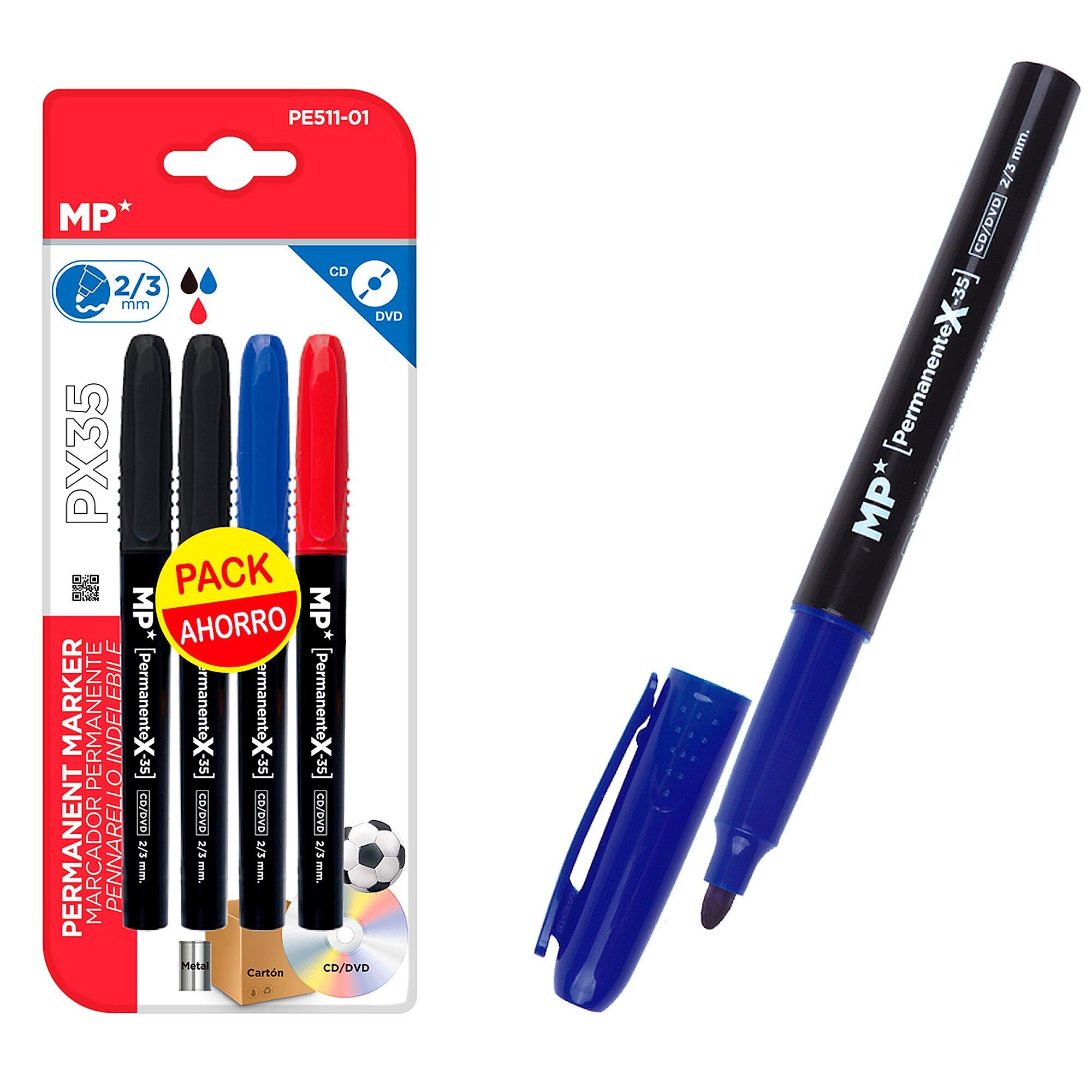 PENNARELLO PERMANENTE 4 pz. 2 neri, 1 rosso e 1 blu.CONFEZIONE RISPARMIO Colore:Multicolore