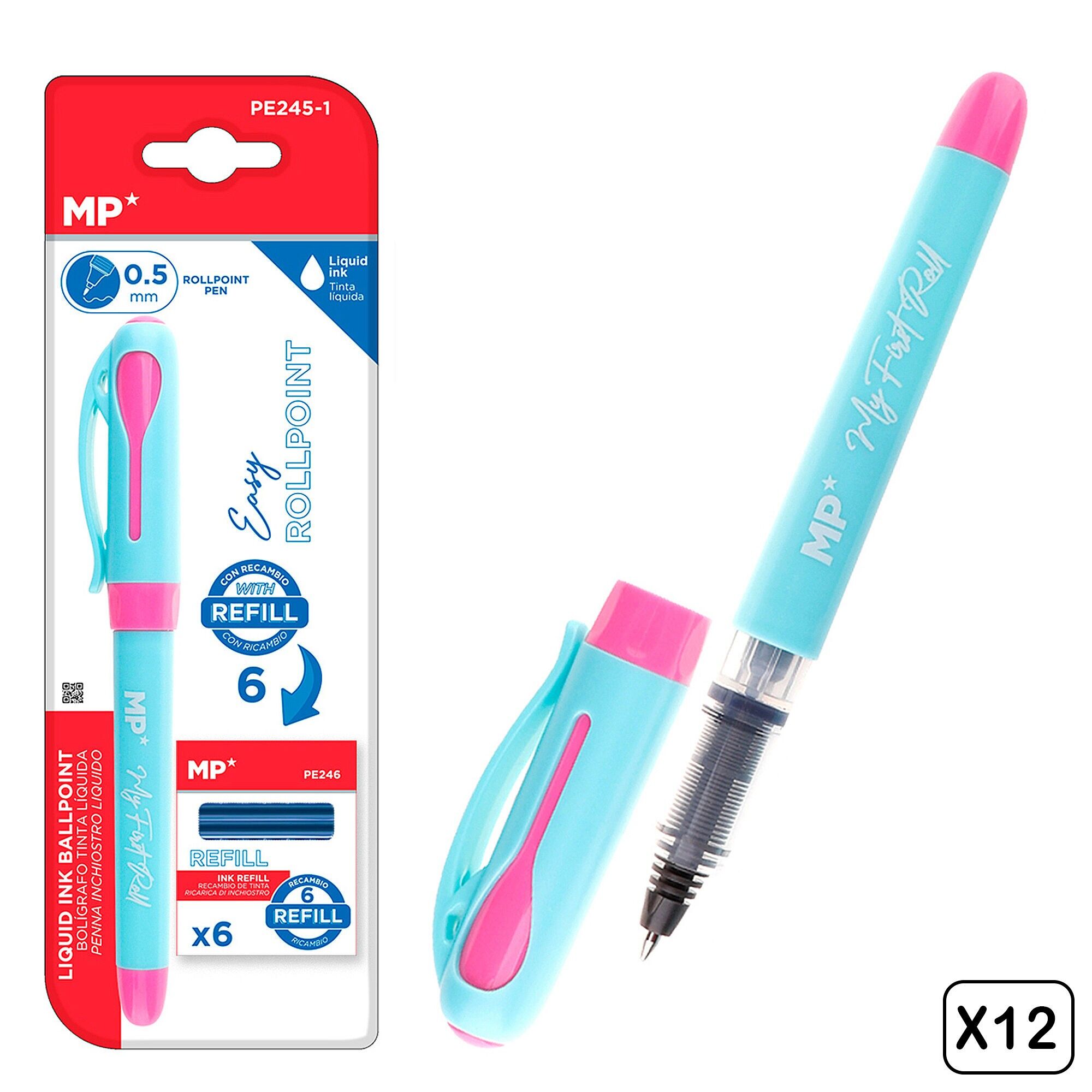 PACK 12 BOLÍGRAFOS TINTA LÍQUIDA PUNTA BALL AZUL/ROSA Color:Azul