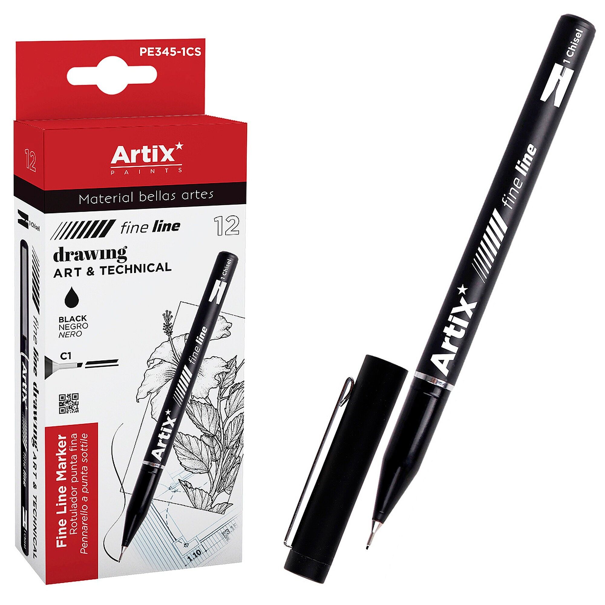 Packung mit 12 Einheiten.1 MM KALIBRIERTER MARKER, MEISSELSPITZE. Farbe: Schwarz