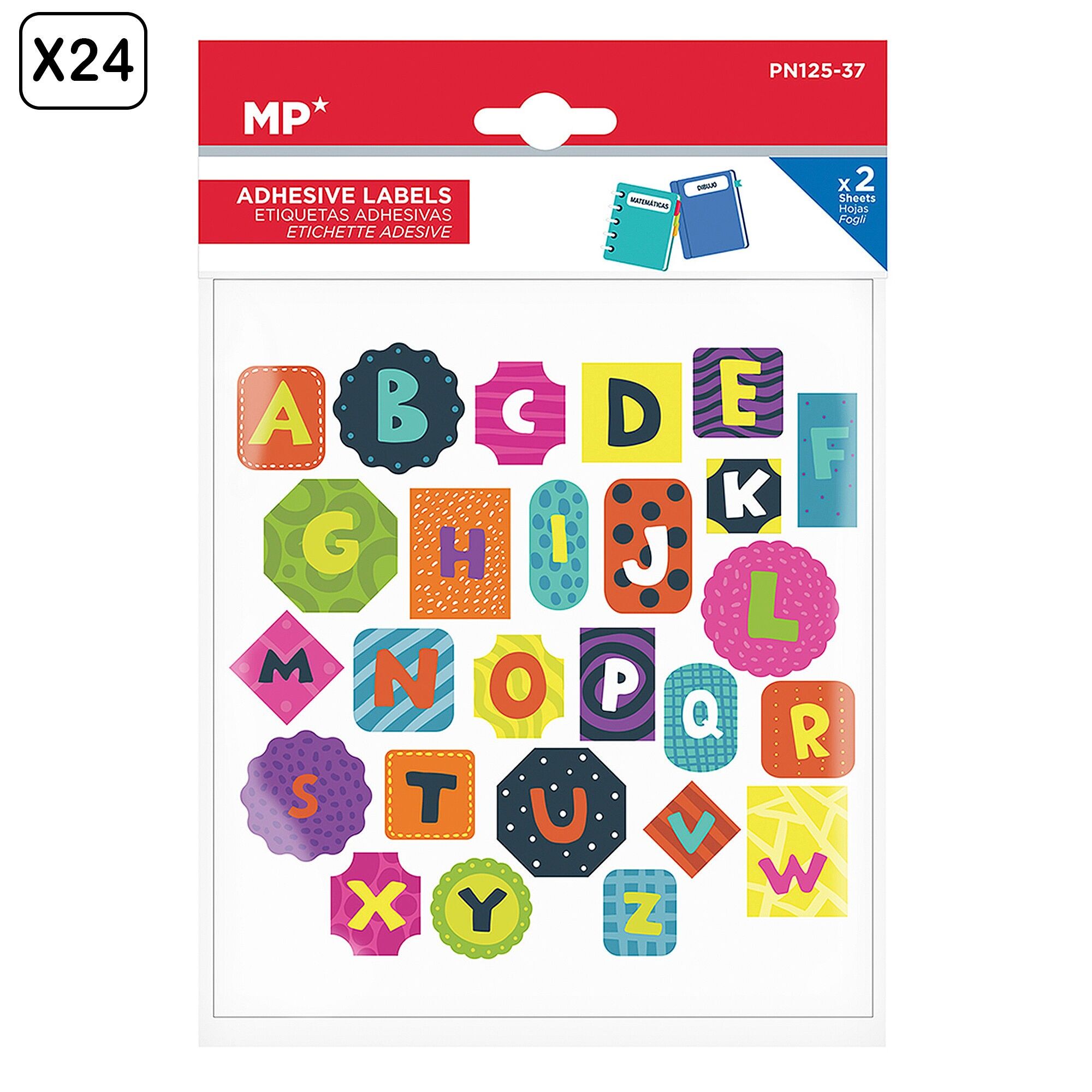 PACKUNG MIT 24 INDIVIDUALISIERBAREN KLEBEETIKETTEN MIT ALPHABET-DESIGN UND FORMEN (SET MIT 2 EINHEITEN) Farbe: Mehrfarbig