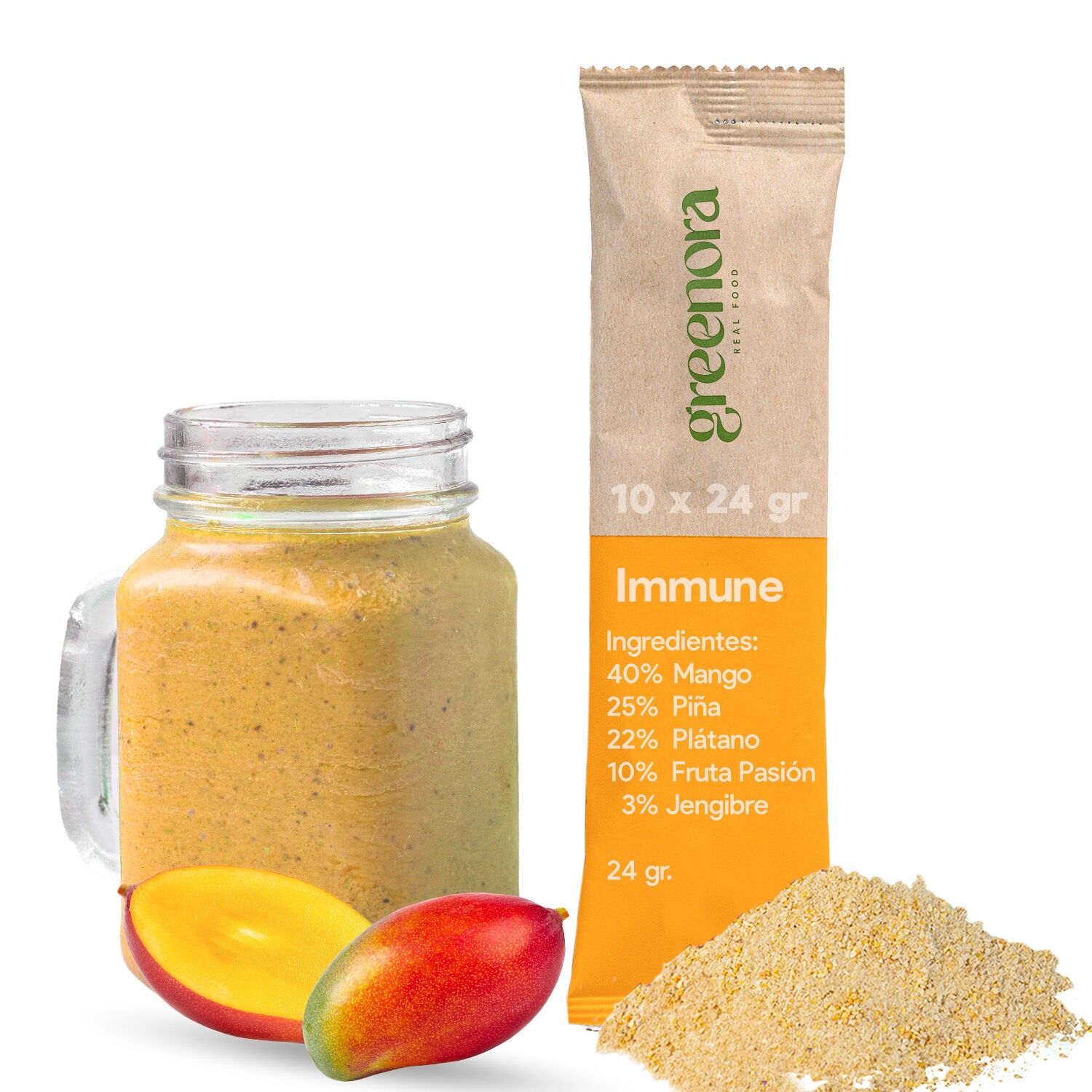 Frullato vegano GREENORA con polvere di frutta liofilizzata naturale al 100%. Disidratato. Mango, ananas, banana, frutto della passione, zenzero.10x24g