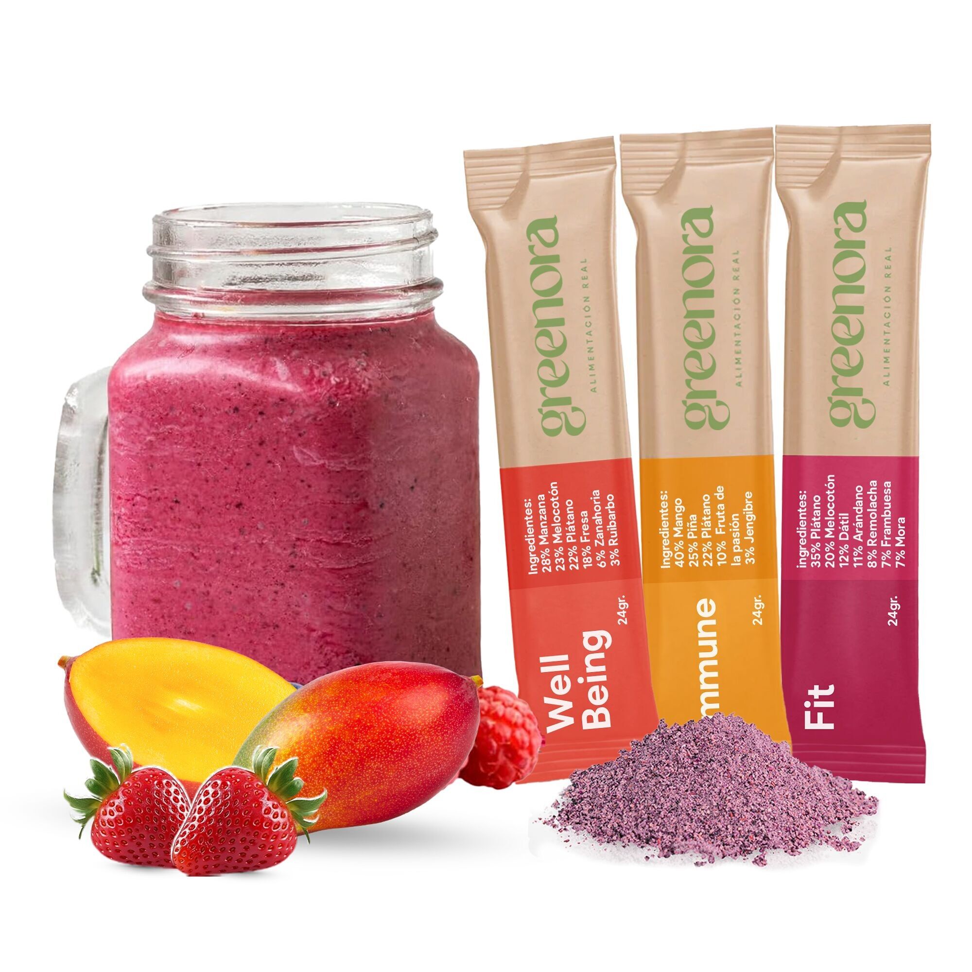 GREENORA Frullato vegano in polvere di frutta liofilizzata 100% naturale. Disidratato. Fragola Mela Zenzero Mango Barbabietola.Senza zuccheri aggiunti 9x24g