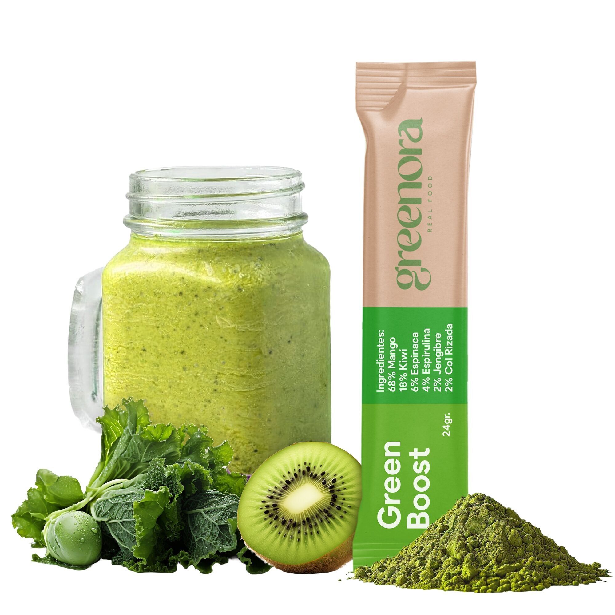 GREENORA Frullato vegano con spirulina, spinaci, zenzero, cavolo riccio, mango e polvere di kiwi. Frutta e verdura liofilizzate al 100% naturali. Supercibi.10x24g