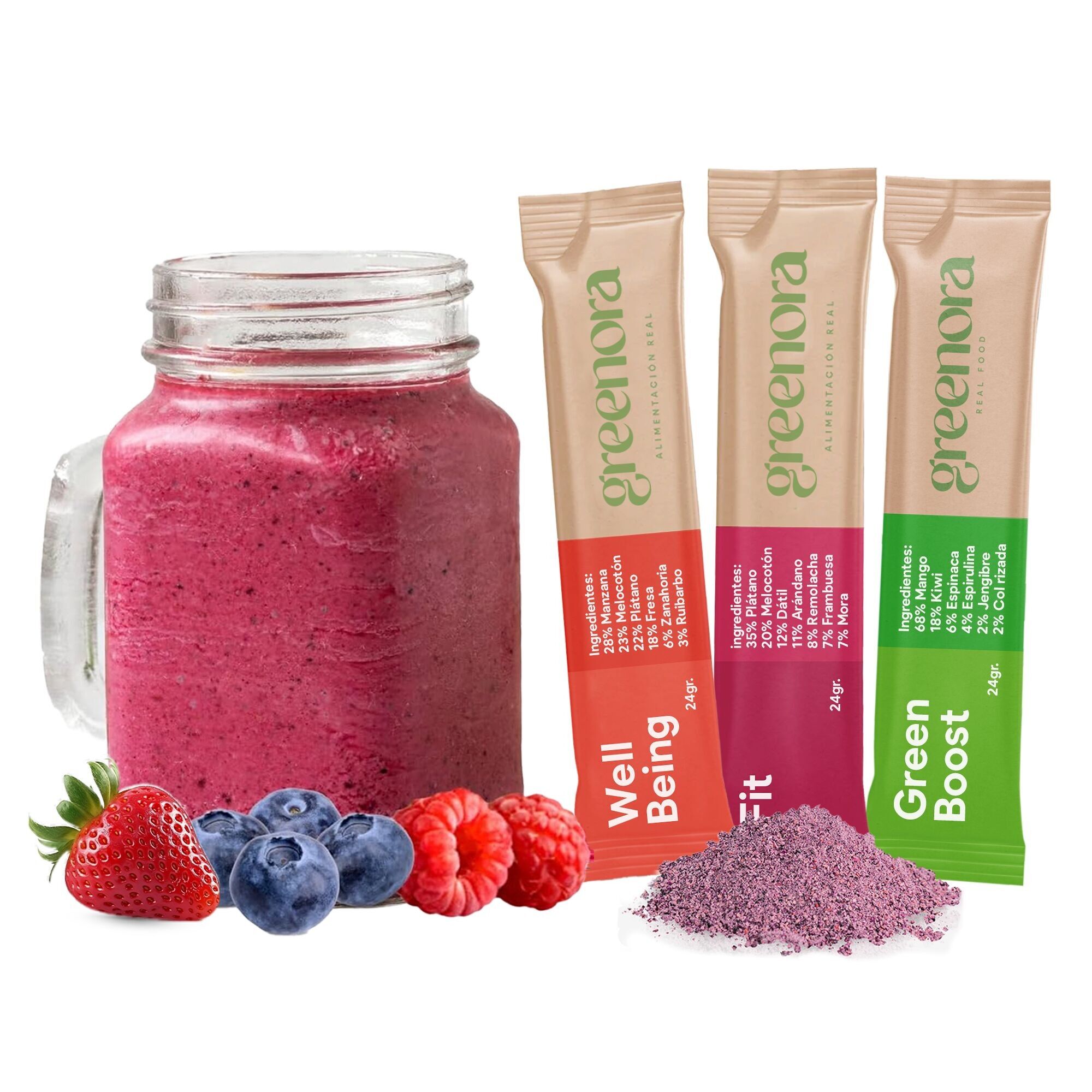 GREENORA Frullato vegano in polvere di frutta liofilizzata 100% naturale. Disidratato. Fragola Mela Zenzero Mango Barbabietola Spirulina.Senza zuccheri aggiunti 9x24g