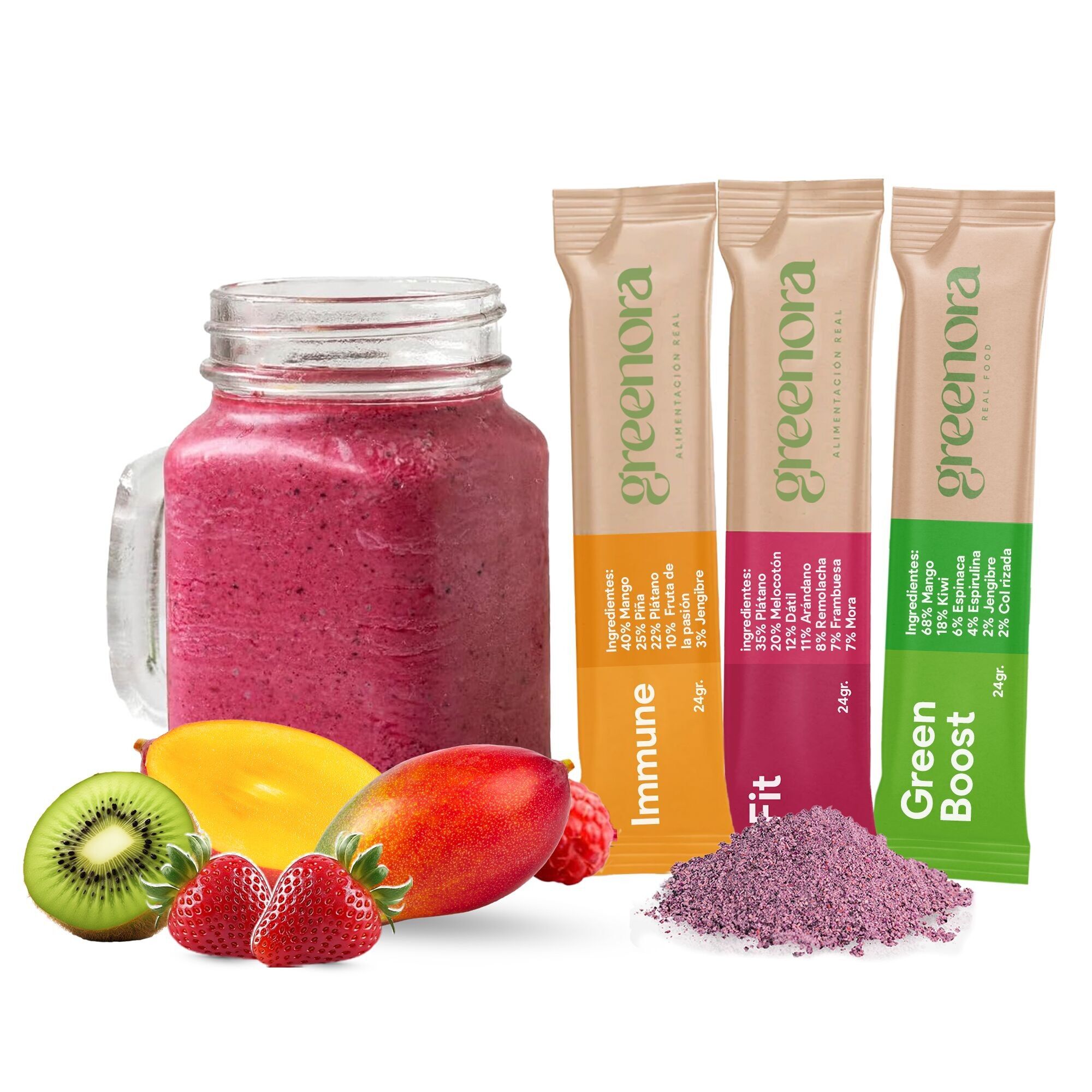 Frullato vegano GREENORA con polvere di frutta liofilizzata naturale al 100%. Disidratato. Fragola Mela Zenzero Mango Barbabietola.Senza zuccheri aggiunti