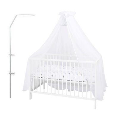 Ciel de lit bébé en moustiquaire, voile Blanc finition en Blanc. Livré avec support d'installation.