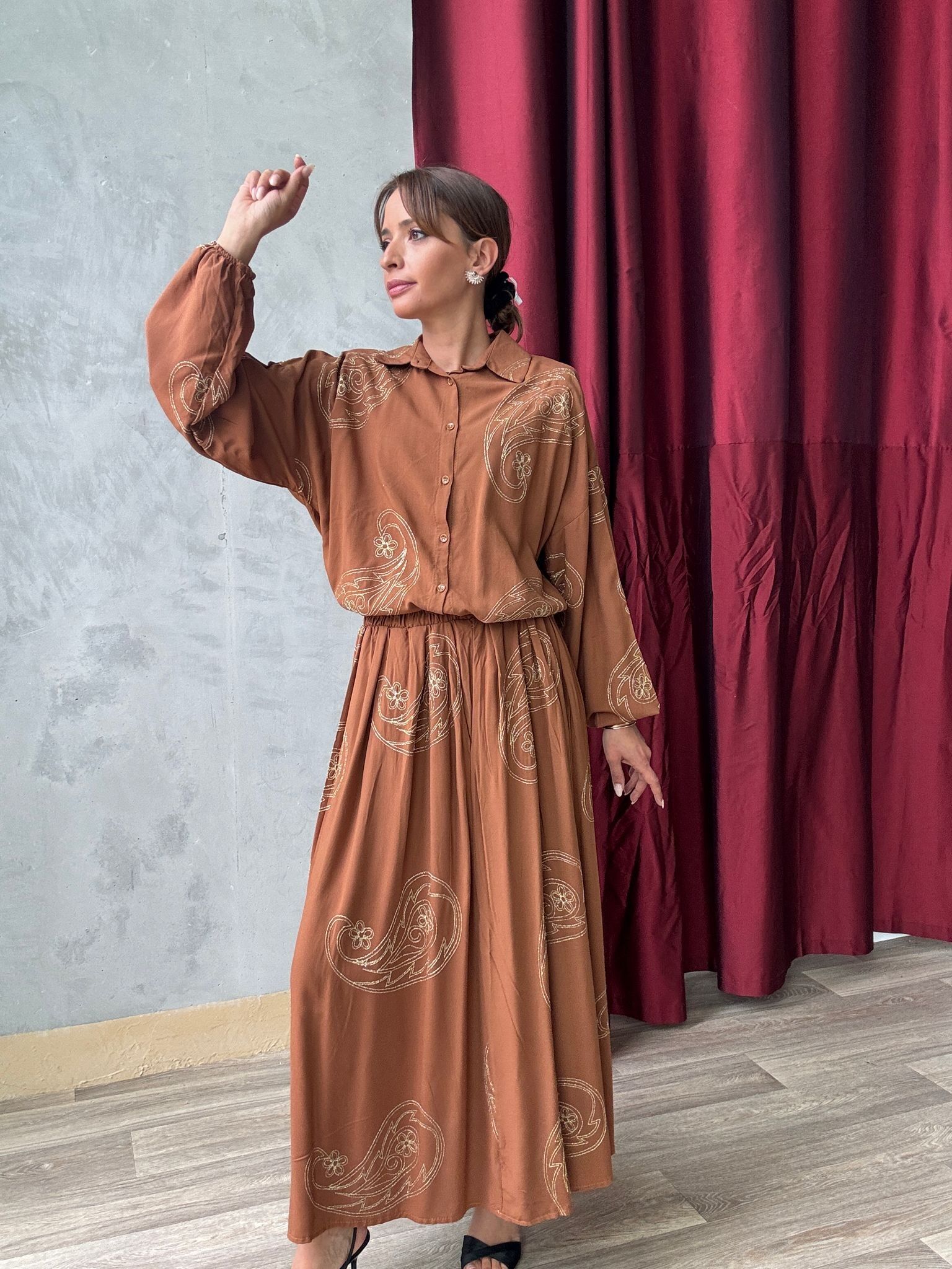 Loose Shirt & Matching Long Skirt Set With Camel Pockets