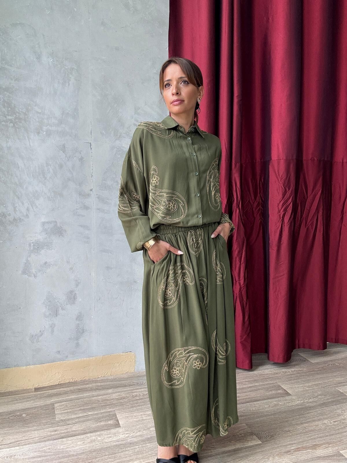 Loose Shirt & Matching Long Skirt Set With Khaki Pockets