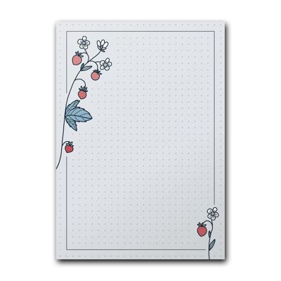 bloc-notes magnétique DIN A6, bleu clair, motif fraise des bois