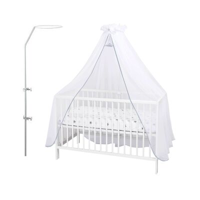Ciel de lit bébé en moustiquaire, voile Blanc finition en Gris. Livré avec support d'installation.