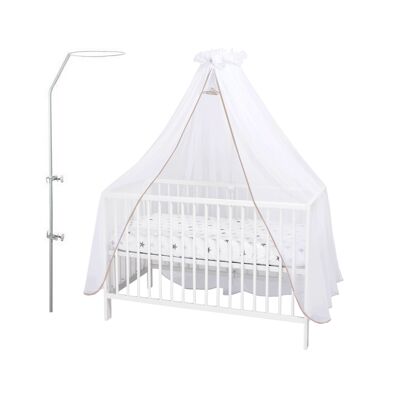 Ciel de lit bébé en moustiquaire, voile Blanc finition en Beige. Livré avec support d'installation.