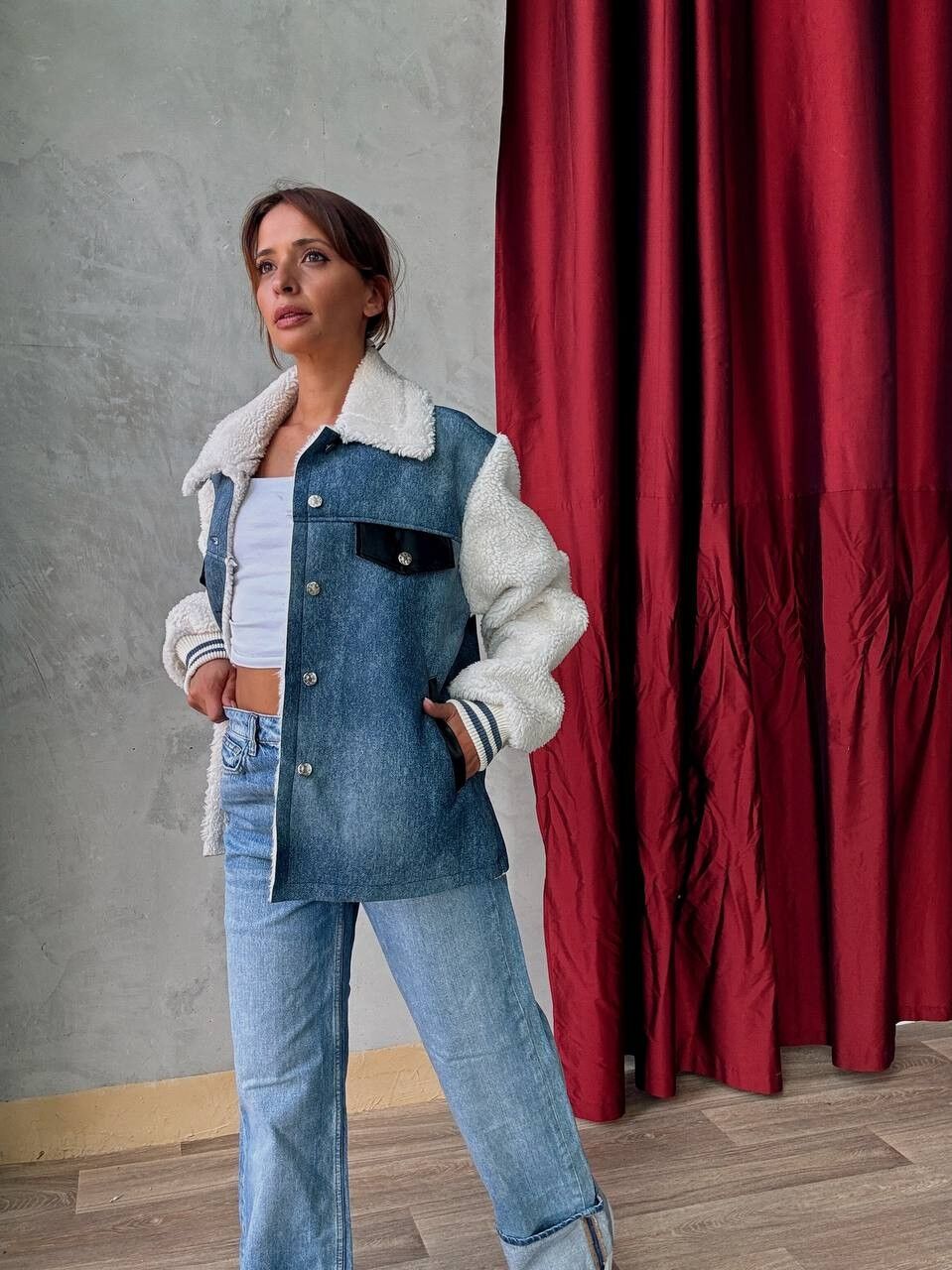 Two-Material Effect Bouclette Jacket with Pockets