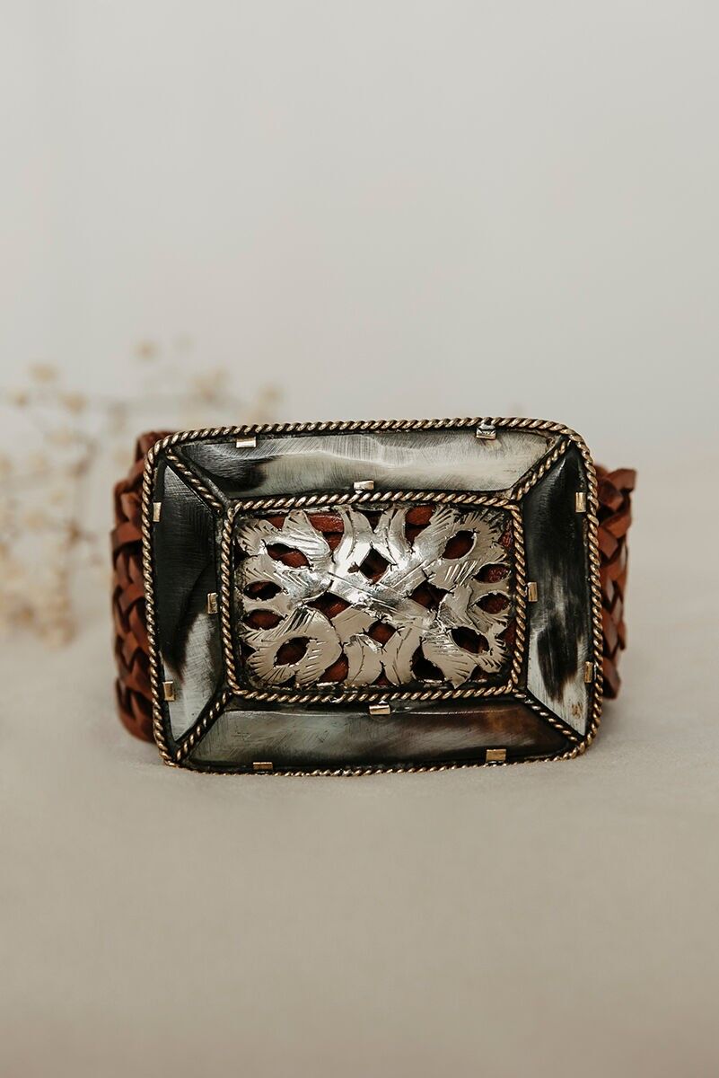 Cintura in pelle quadrata stile impero marrone scuro