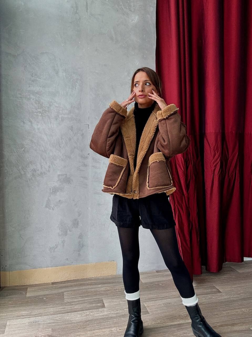 Short Shearling Lined Jacket - Oversize - Camel