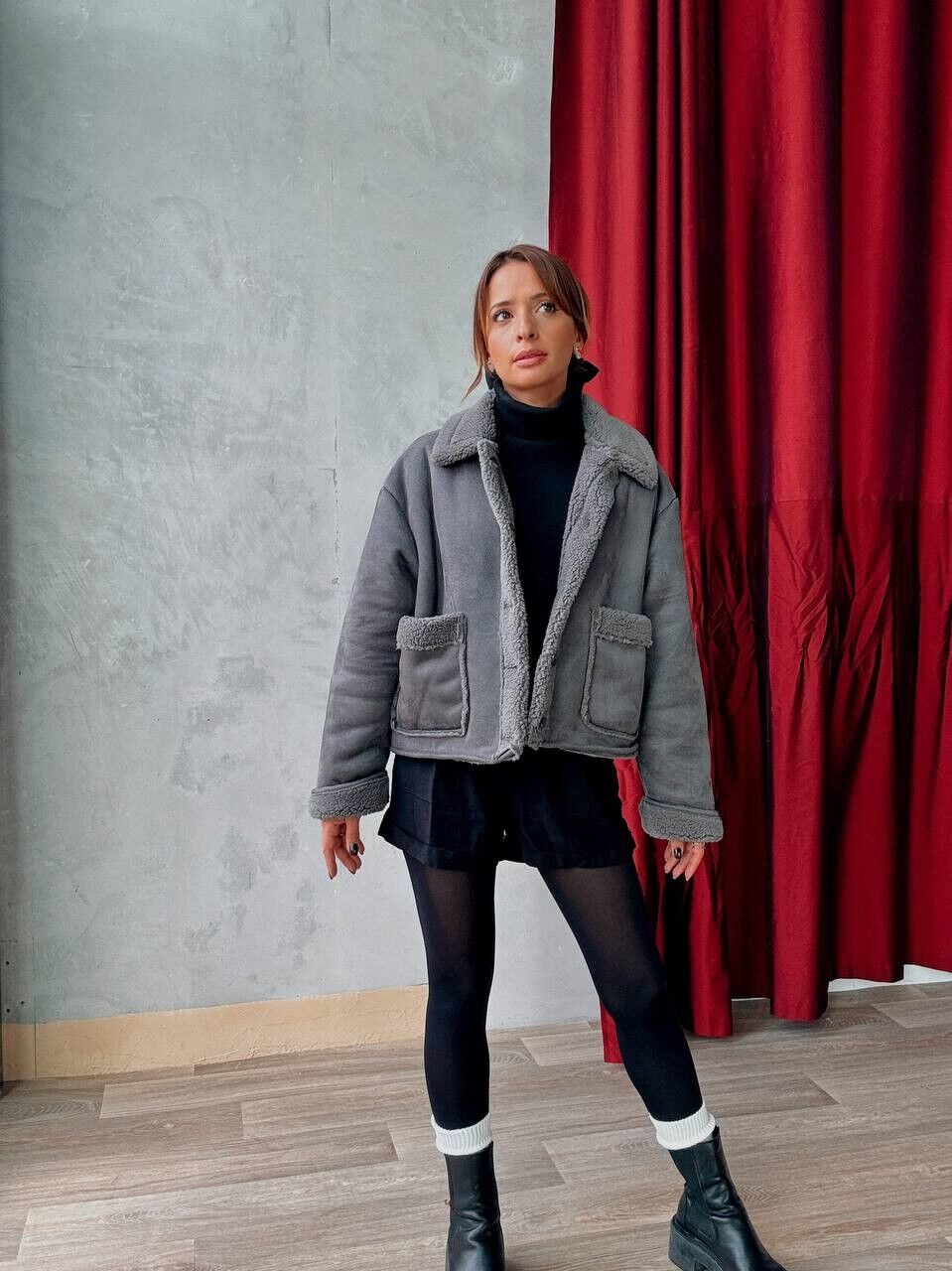 Short Shearling Lined Jacket - Oversize - Grey