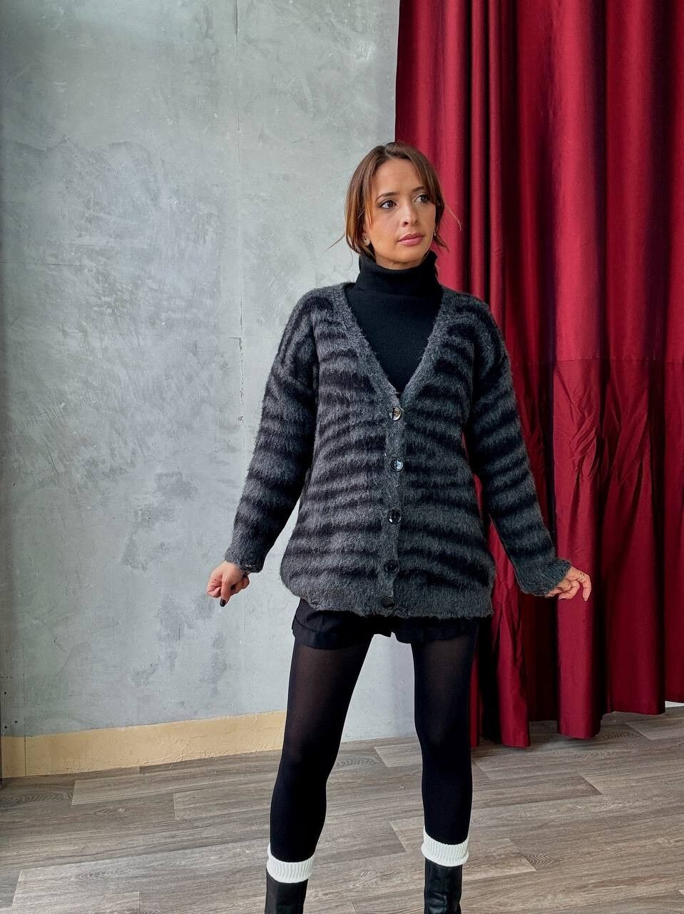 Zebra pattern knit cardigan with long sleeves and V-neck - anthracite