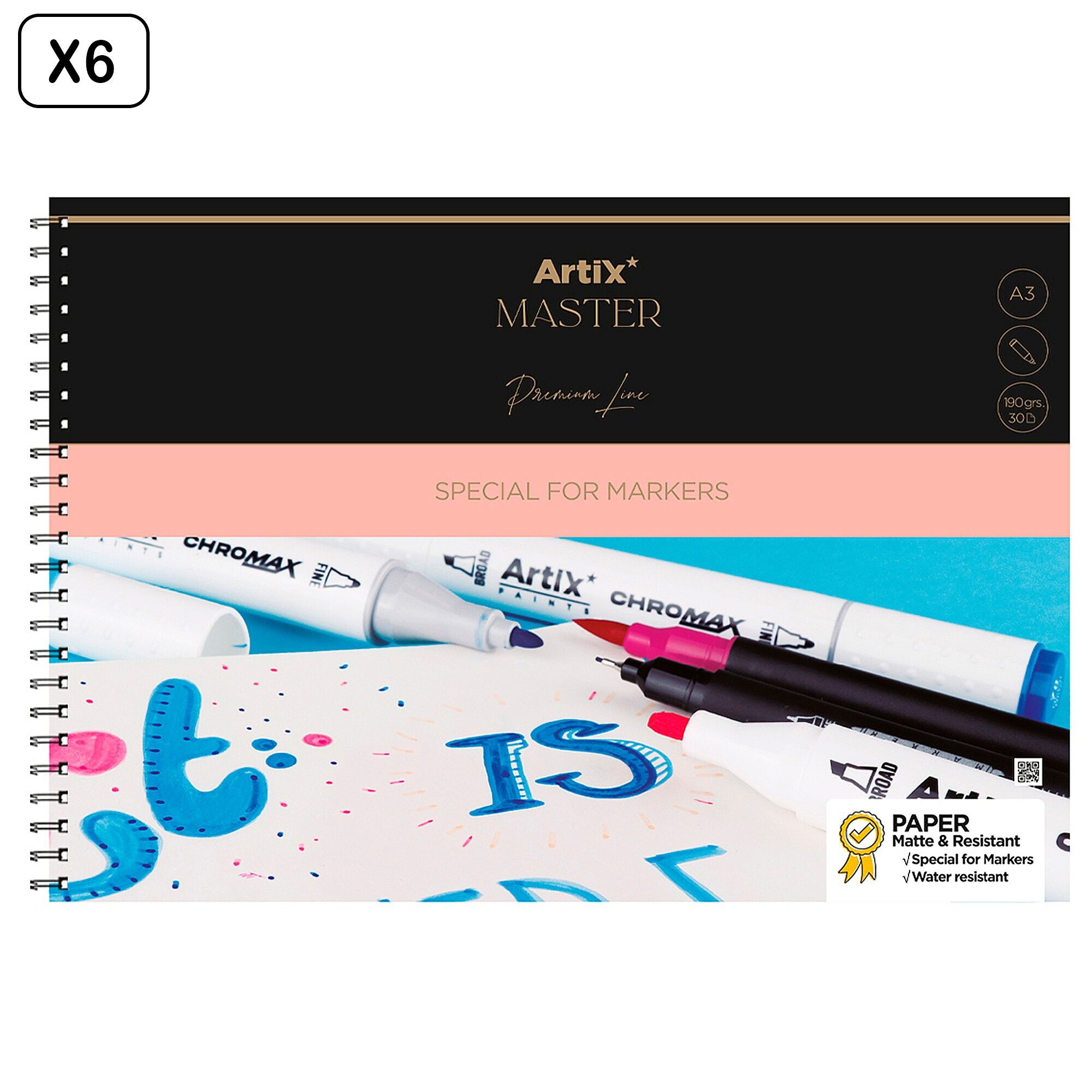 Packung mit 6 Markierungsblöcken, 30 Blatt A3-Spiralpapier