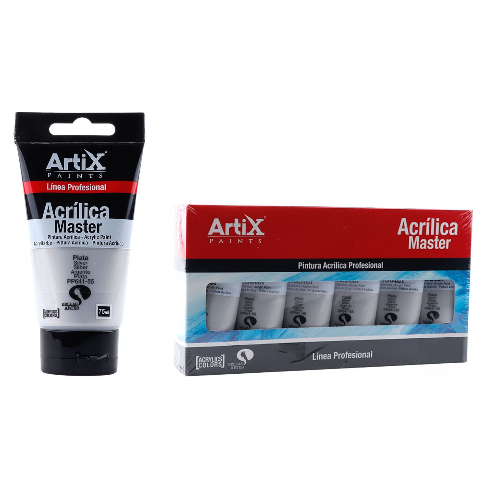 Paquet de 6 unités.PEINTURE ACRYLIQUE EXPERT 75 ml ARGENT