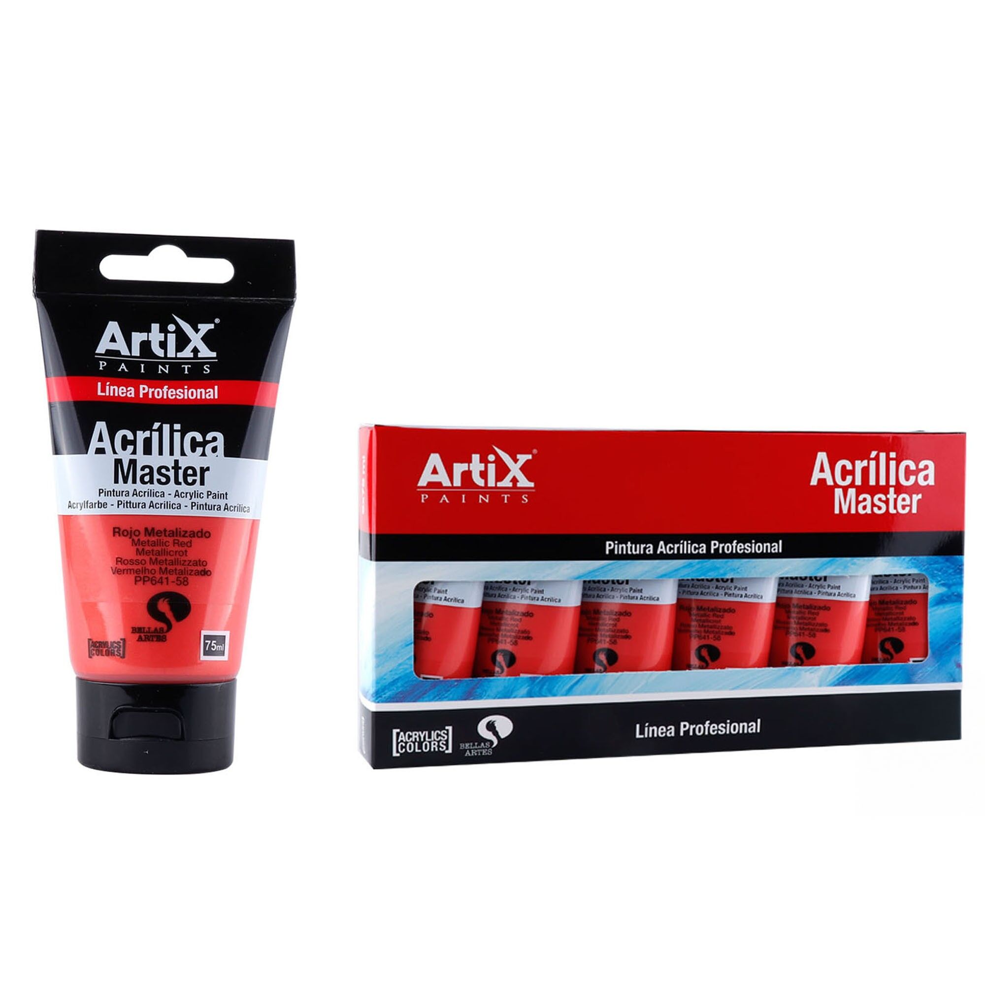 Paquet de 6 unités.PEINTURE ACRYLIQUE EXPERT 75 ml ROUGE MÉTALLIQUE
