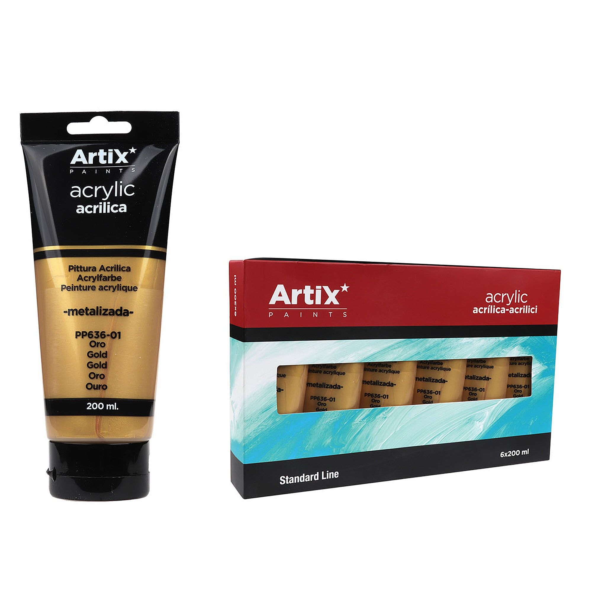 Packung mit 6 Einheiten.ACRYLFARBE TUBE 200 ml METALLIC GOLD